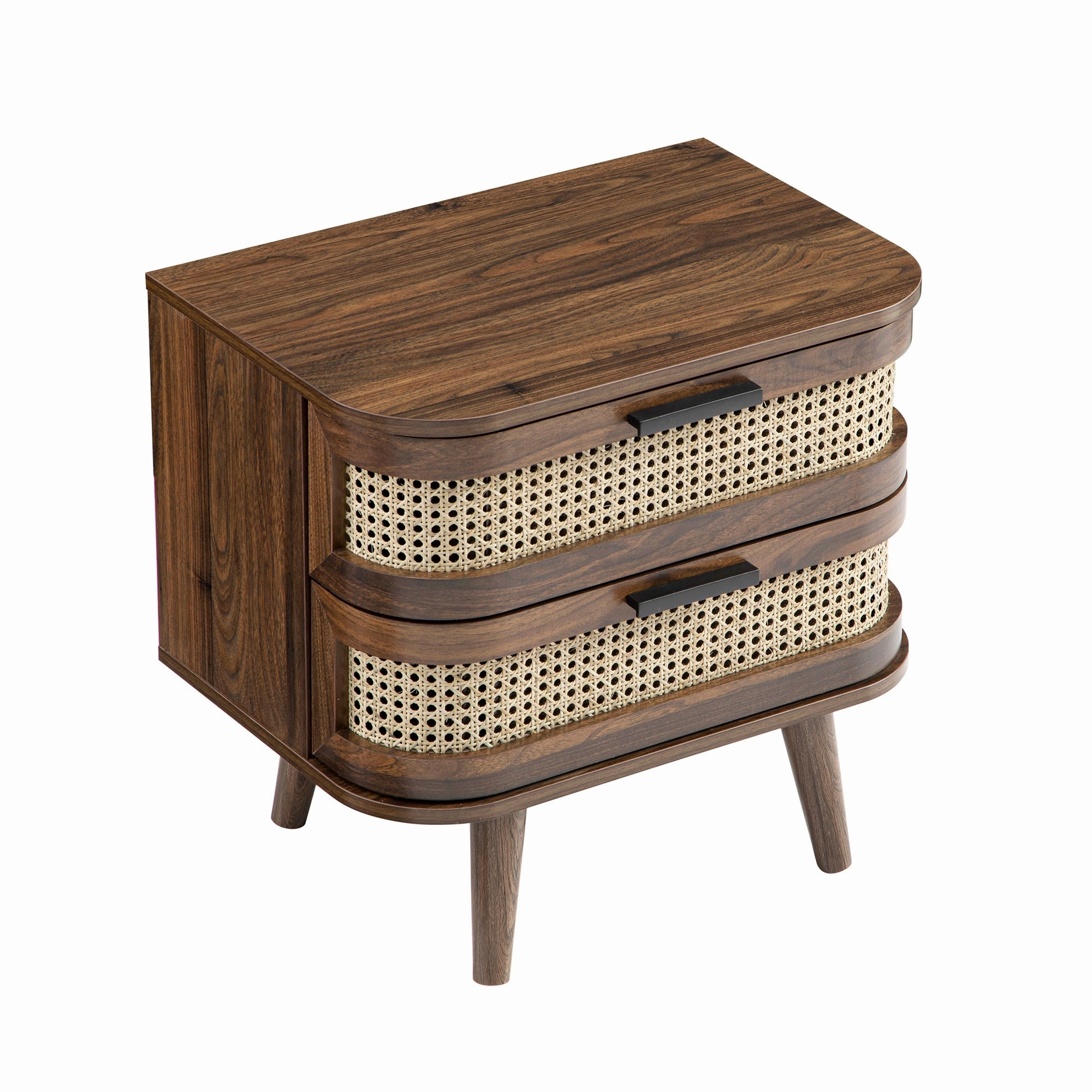 Izzy Curved Rattan 2-Drawer Bedside Table, Walnut