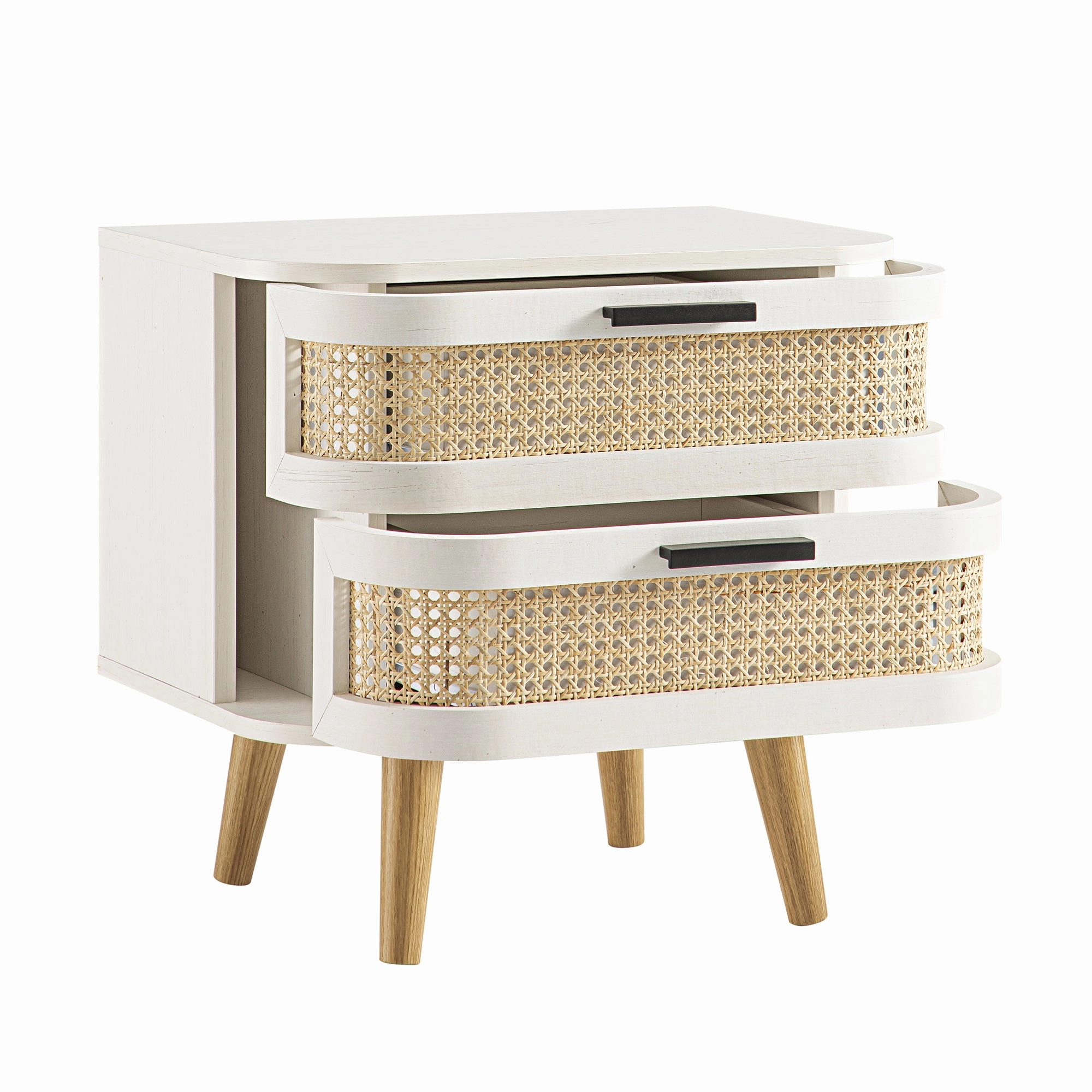 Izzy Curved Rattan 2-Drawer Bedside Table, White