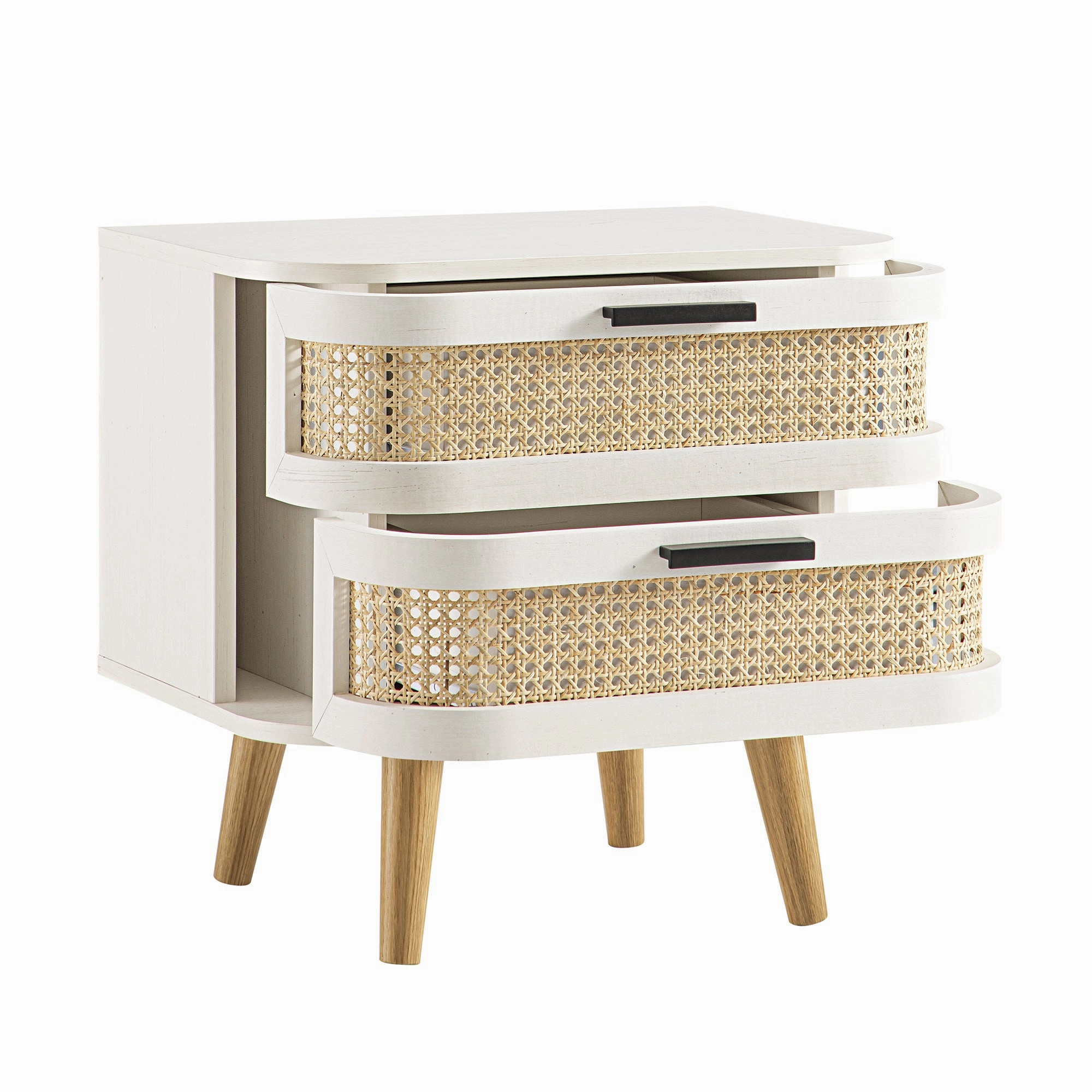 Izzy Curved Rattan 2-Drawer Bedside Table, White