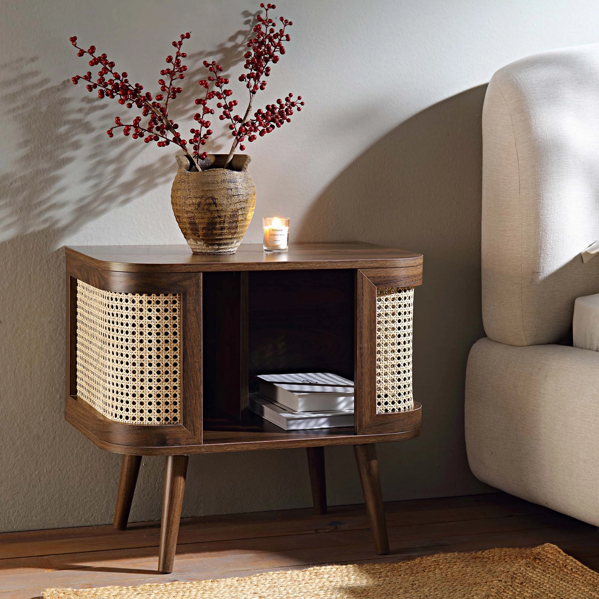 Izzy Curved Rattan Bedside Table, Walnut