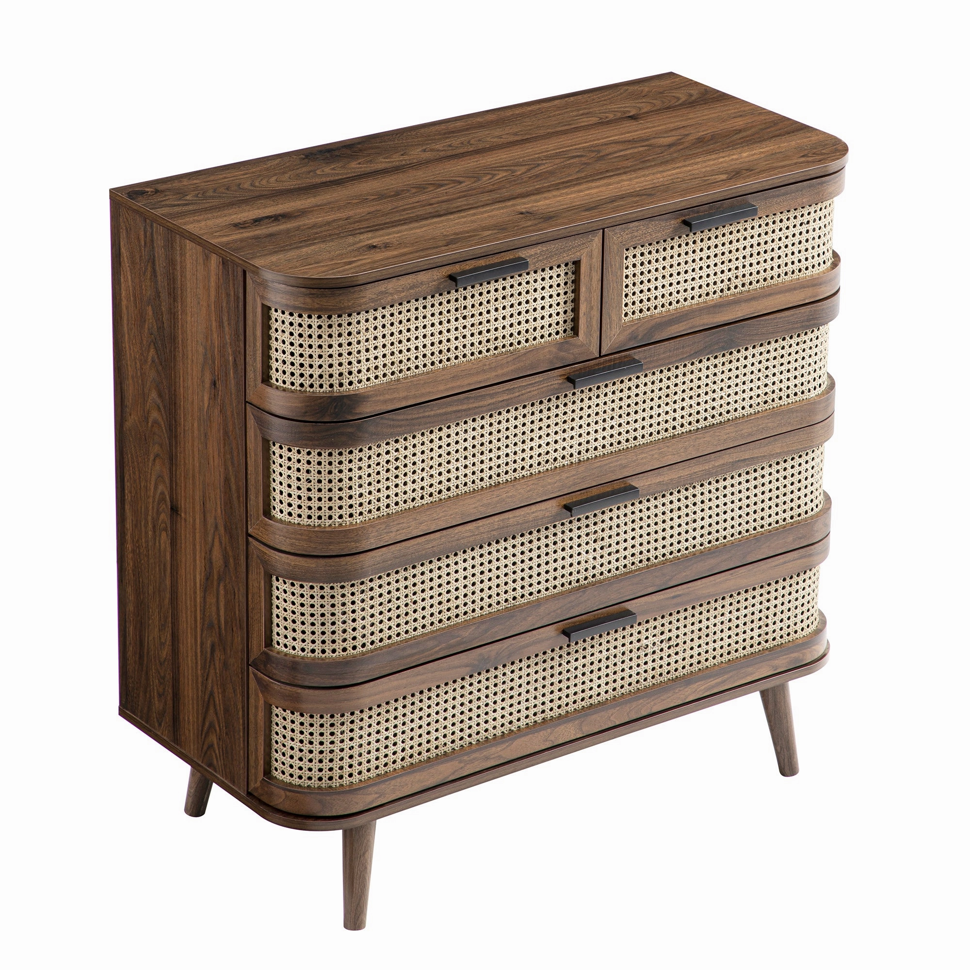 Izzy Curved Rattan Chest of 5 Drawers, Walnut