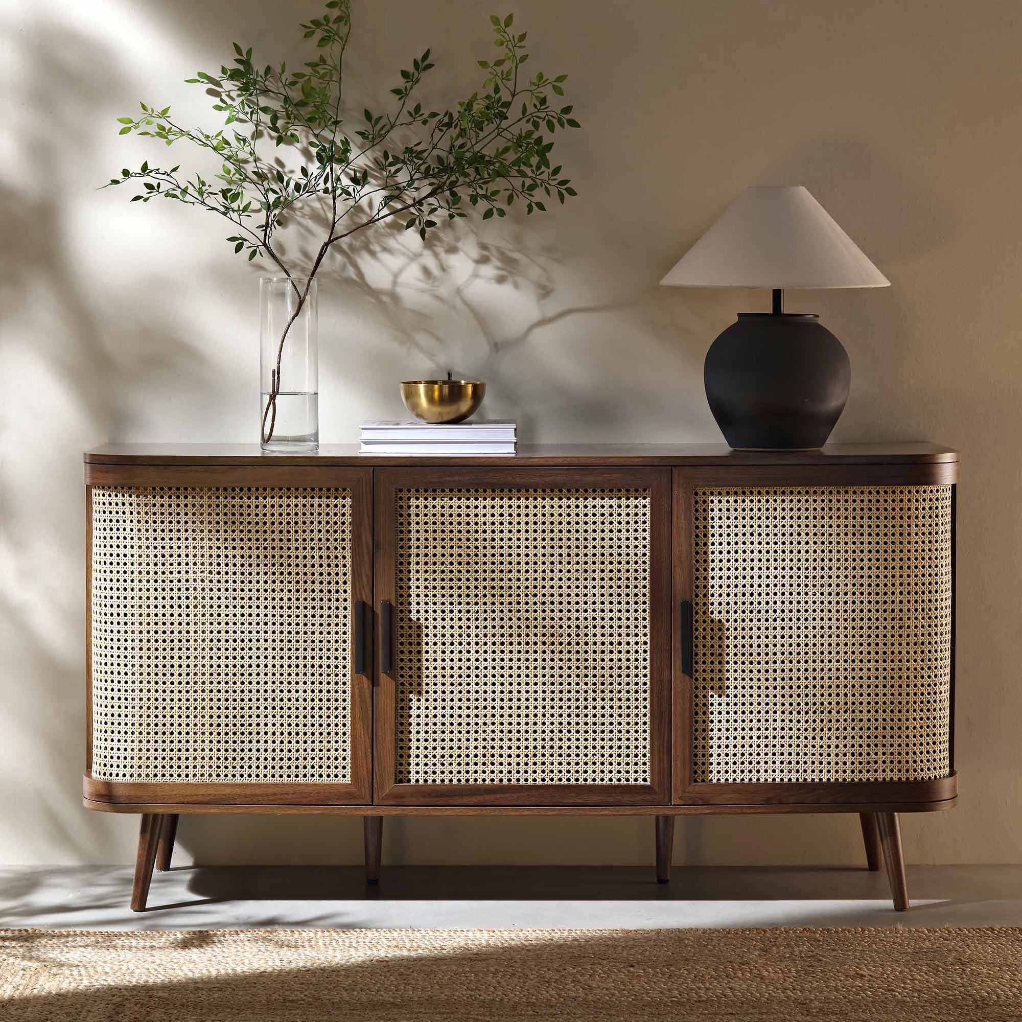 Izzy Curved Rattan Large 3-Door Sideboard, Walnut