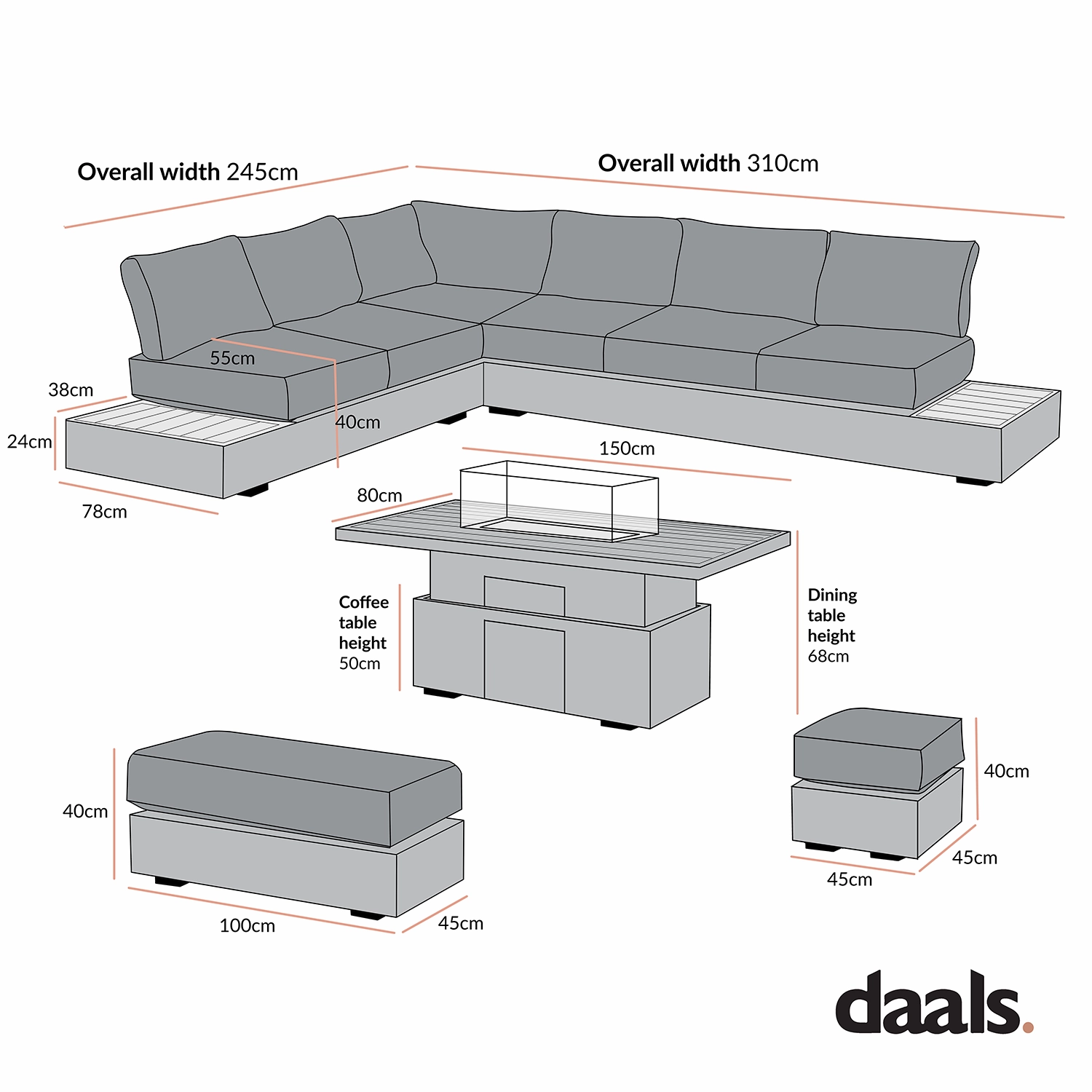 Jardin Aluminium Large Corner Casual Dining Set with Rising Firepit Table, Natural with Blue Stripes