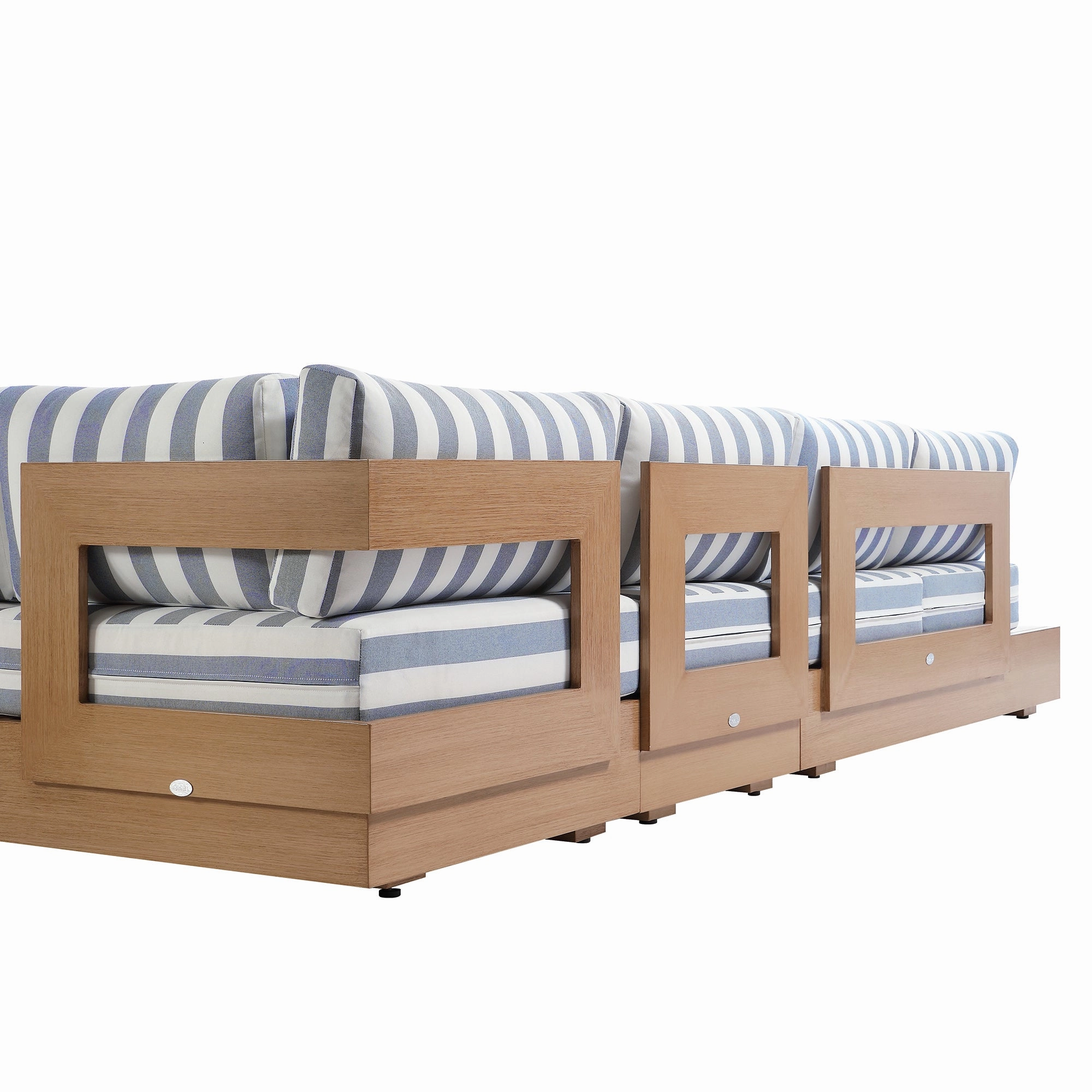 Jardin Aluminium Large Corner Casual Dining Set with Rising Firepit Table, Natural with Blue Stripes