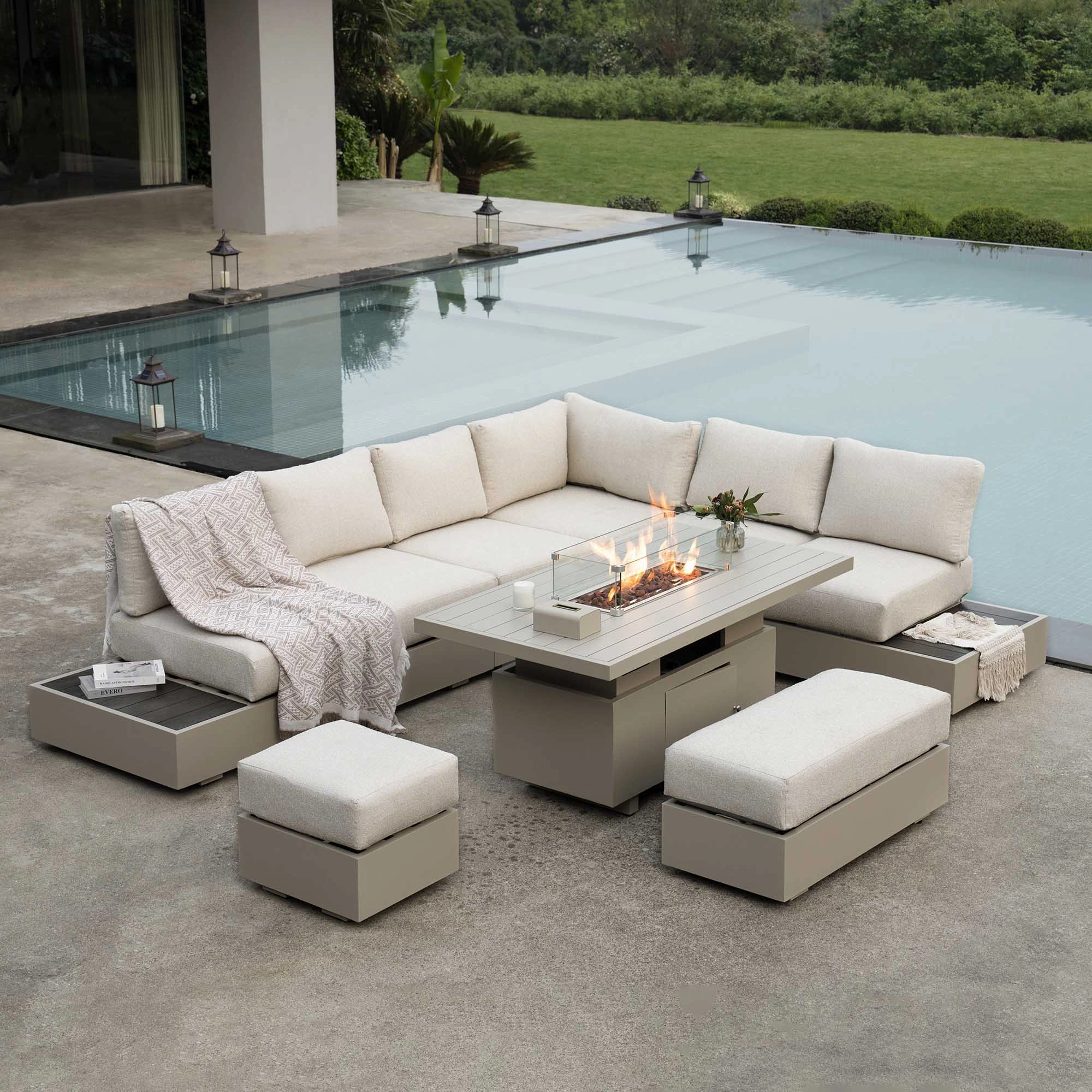Jardin Aluminium Large Corner Casual Dining Set with Rising Firepit Table, Pumice