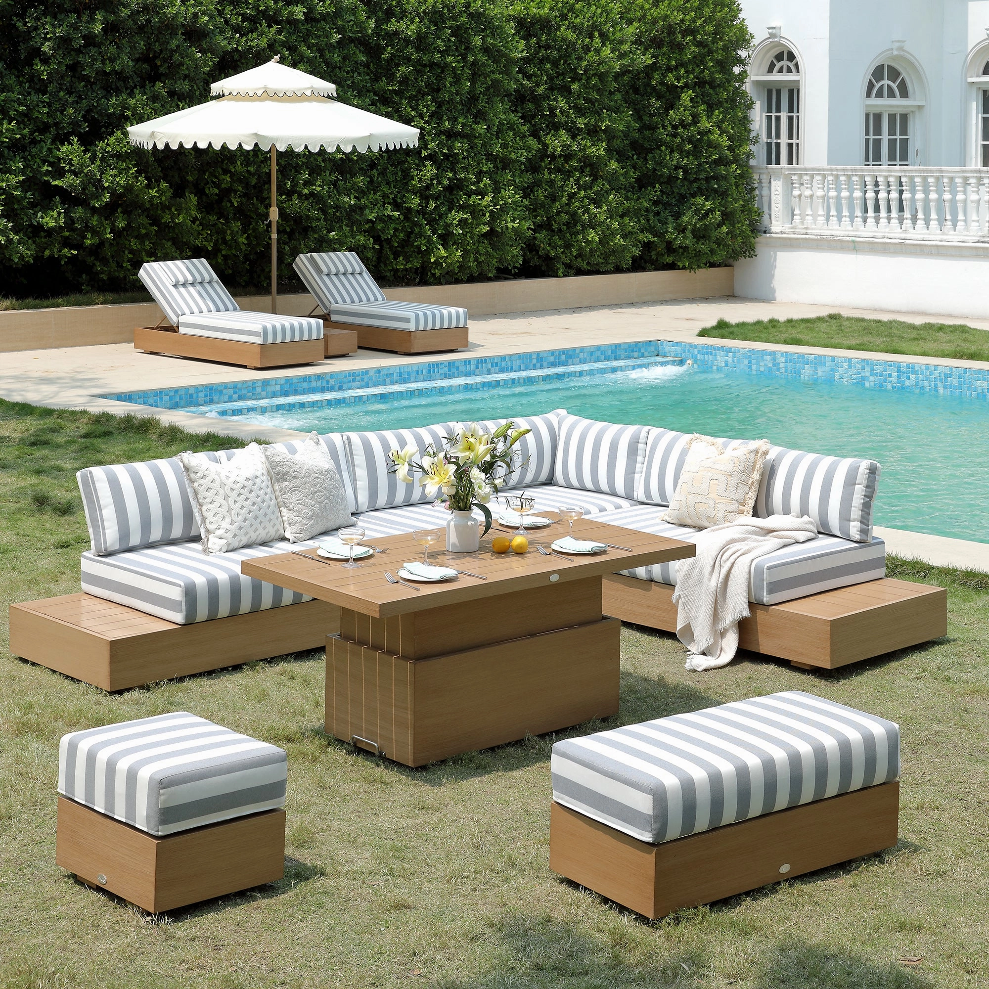 Jardin Aluminium Large Corner Casual Dining Set with Rising Table, Natural with Blue Stripes