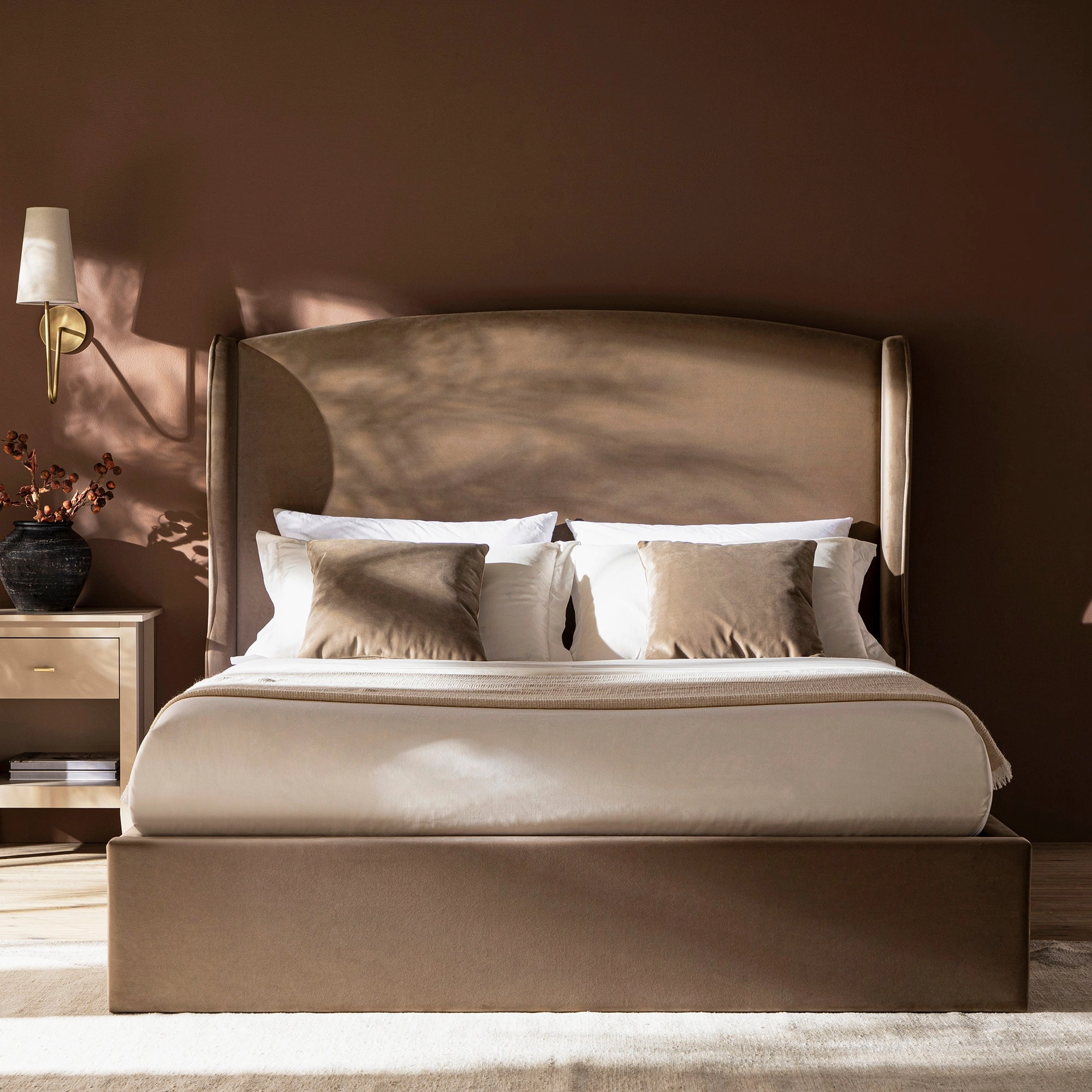 Kimberly Winged Upholstered Storage Bed, Taupe Velvet