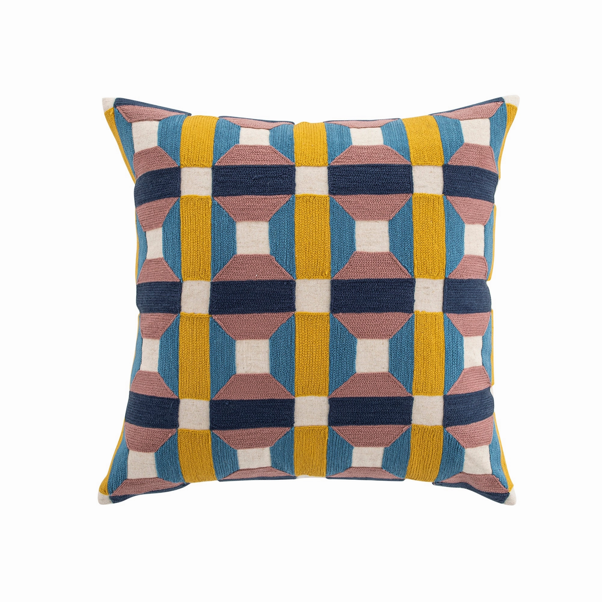 Knox Pink Blue & Yellow Crewelwork Wool Embroidered Cushion