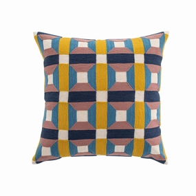 Knox Pink Blue & Yellow Crewelwork Wool Embroidered Cushion
