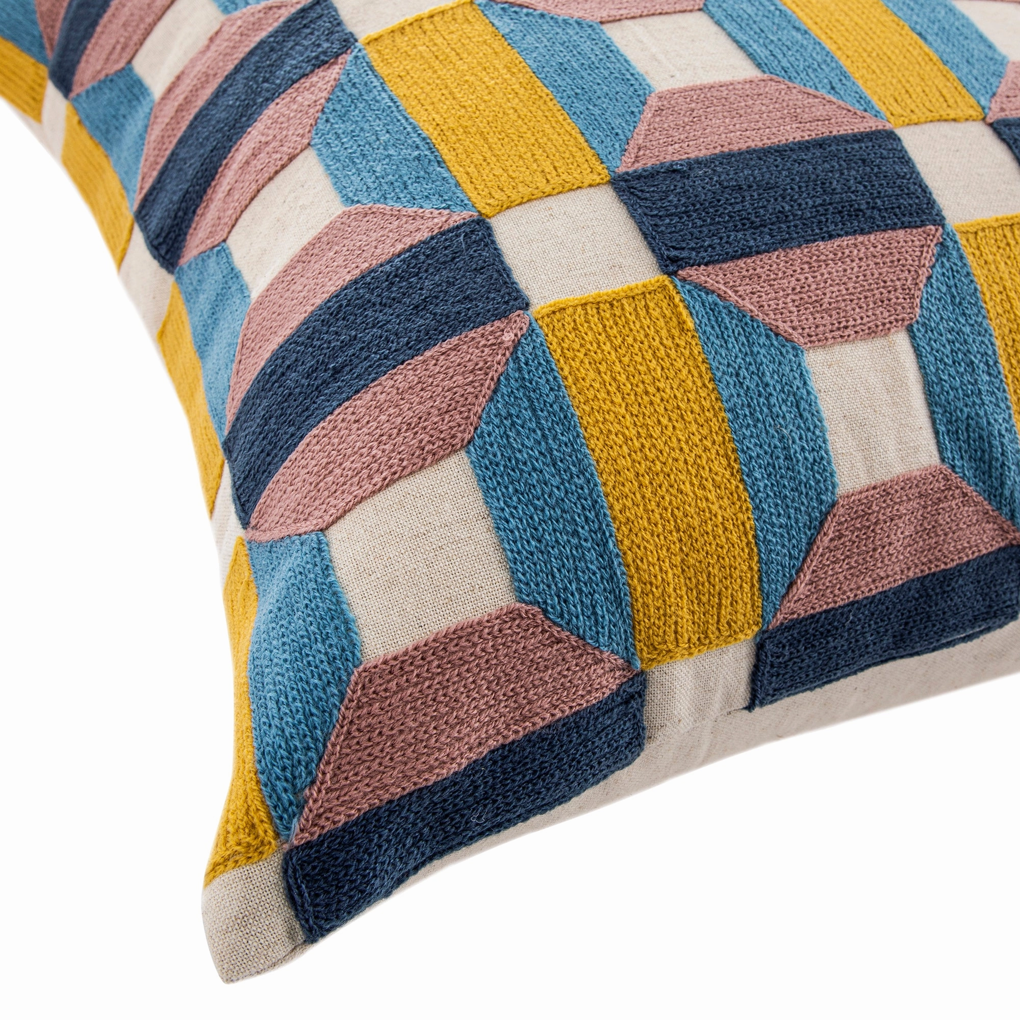 Knox Pink Blue & Yellow Crewelwork Wool Embroidered Cushion