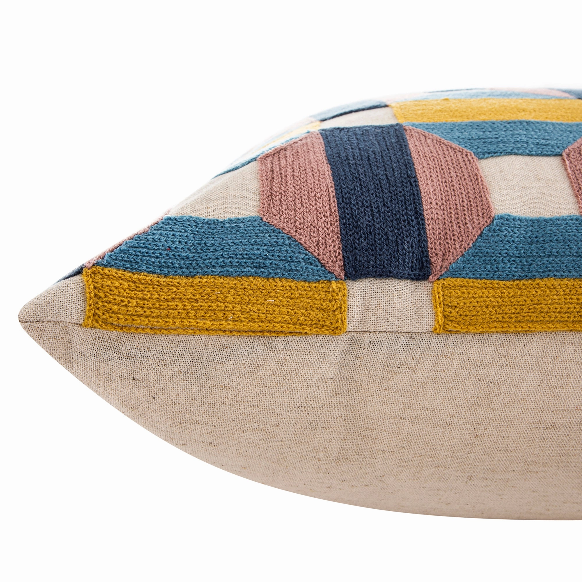 Knox Pink Blue & Yellow Crewelwork Wool Embroidered Cushion