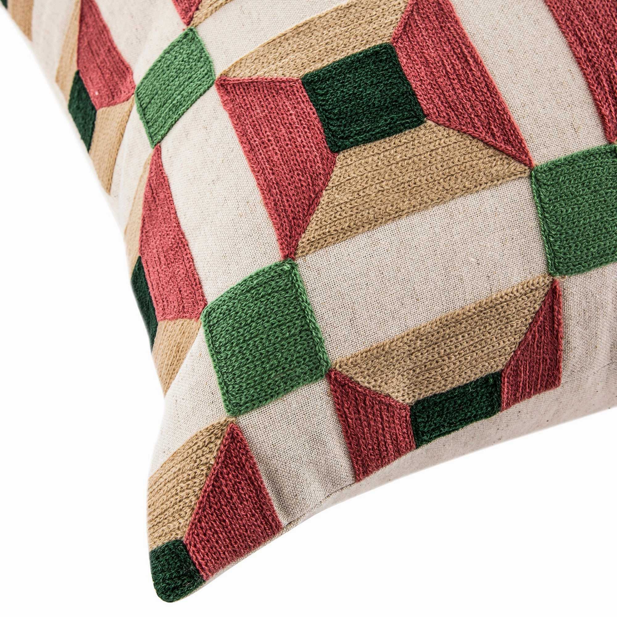 Knox Pink Green & Beige Crewelwork Wool Embroidered Cushion
