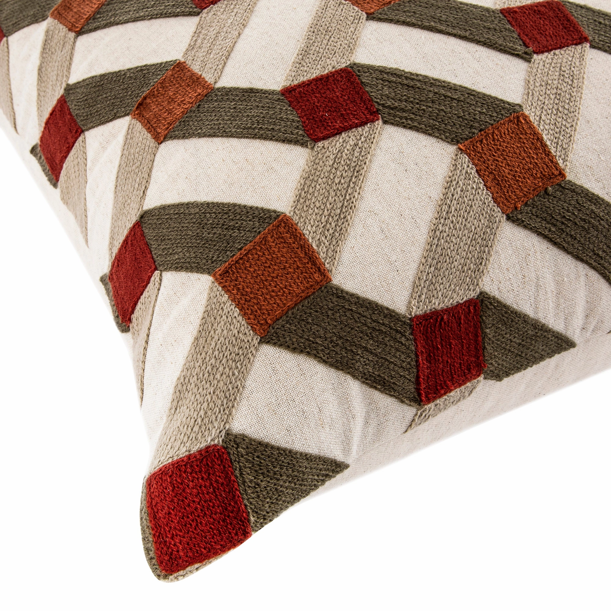 Knox Rust Olive & Beige Crewelwork Wool Embroidered Cushion
