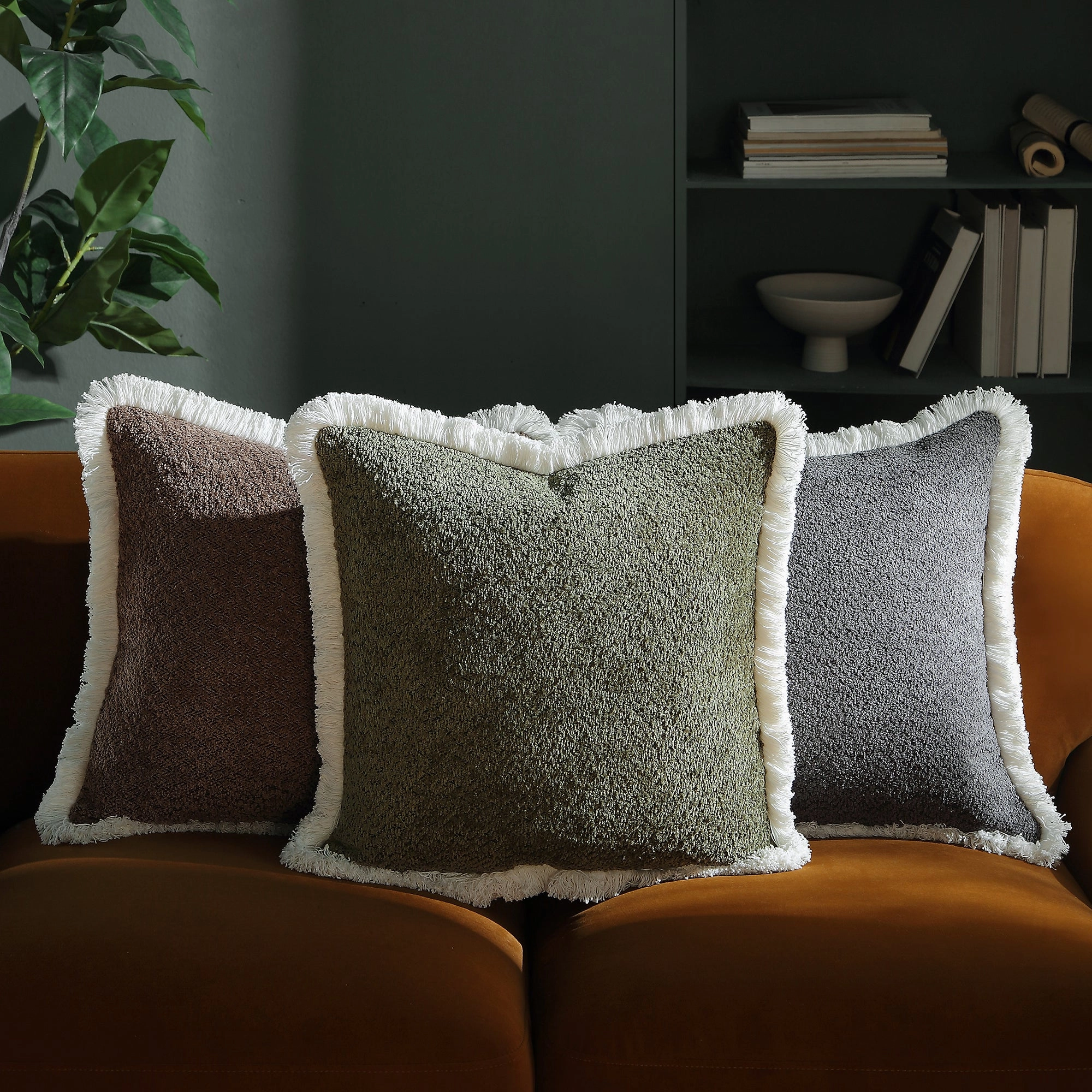 Kyra Forest Green Boucl Fringed Cushion