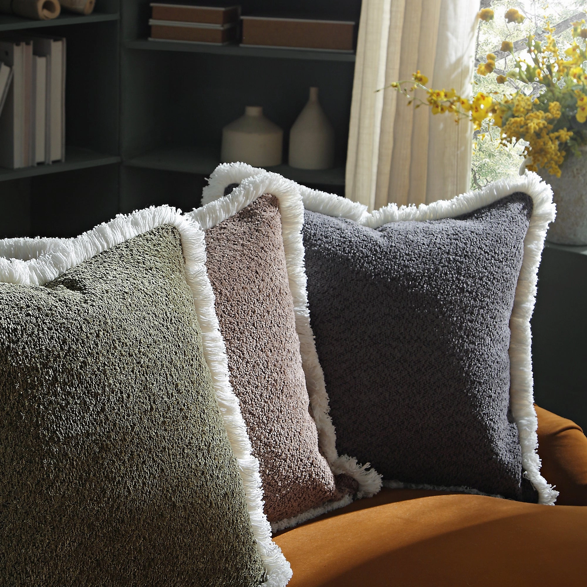 Kyra Graphite Grey Boucl Fringed Cushion