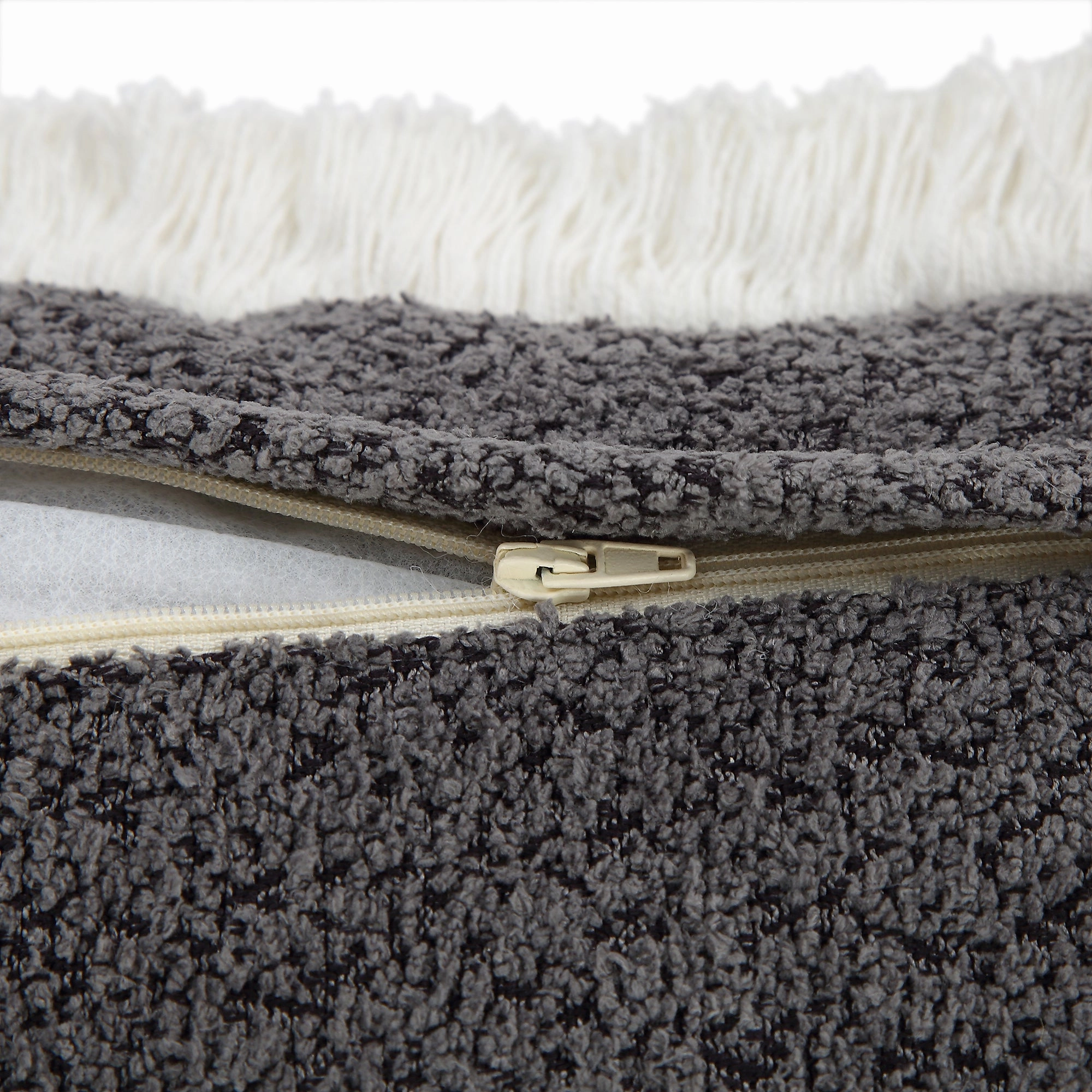 Kyra Graphite Grey Boucl Fringed Cushion