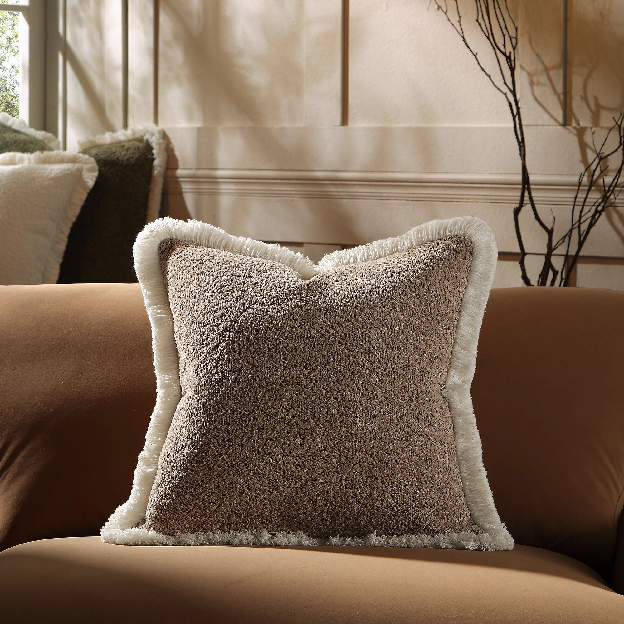 Kyra Stone Boucl Fringed Cushion
