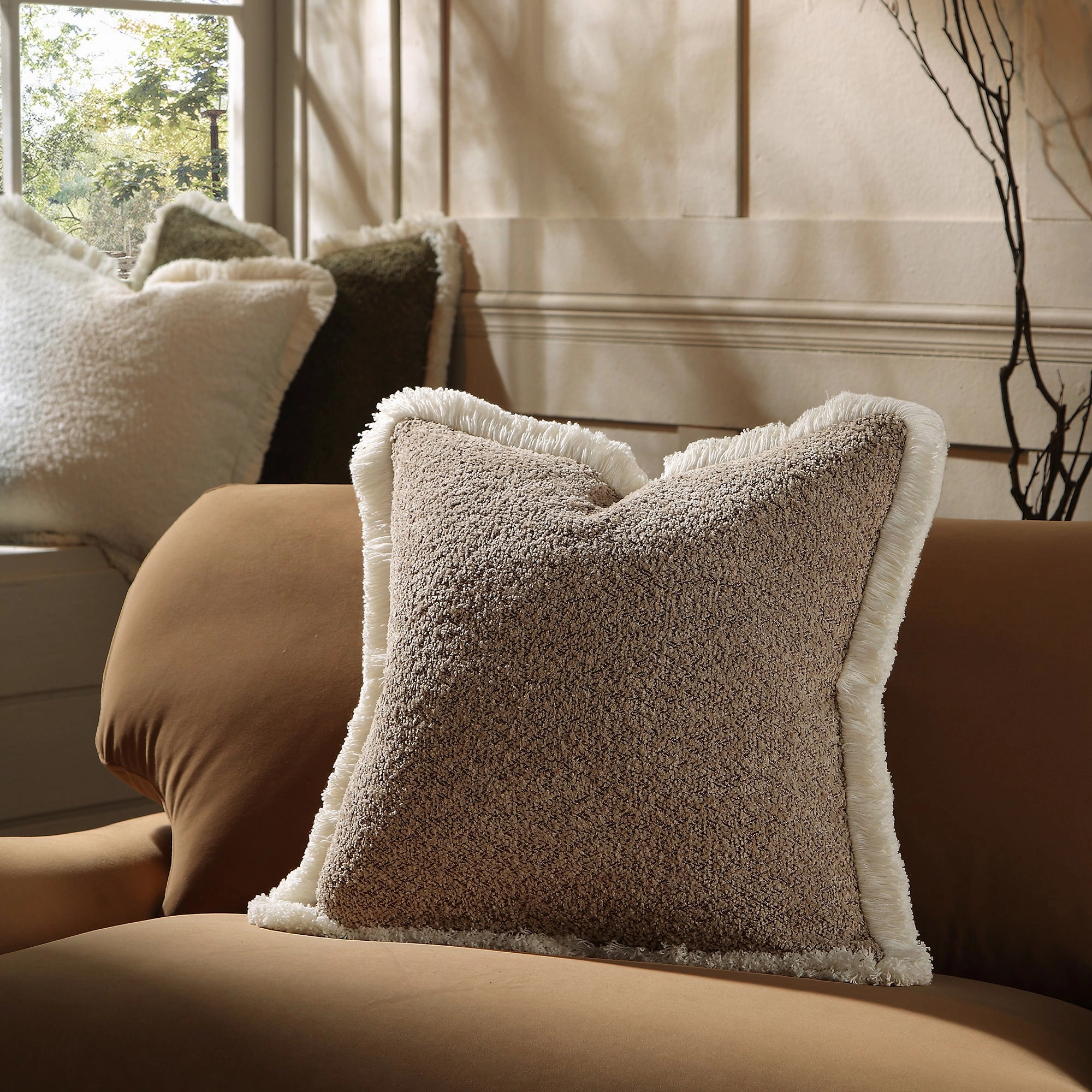 Kyra Stone Boucl Fringed Cushion
