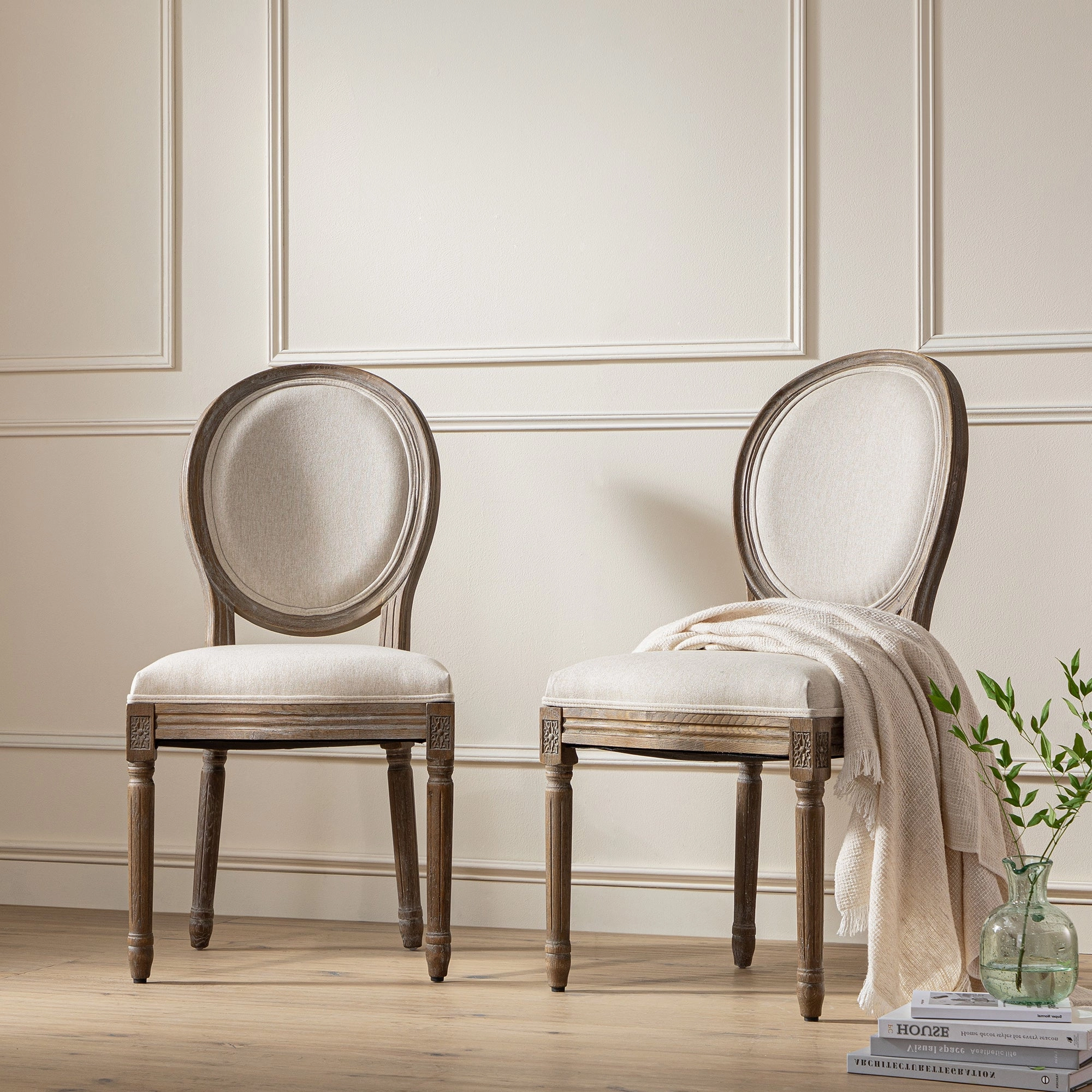 Lainston Set of 2 Classic Weathered Oak Dining Chairs, Oatmeal Brushed Fabric