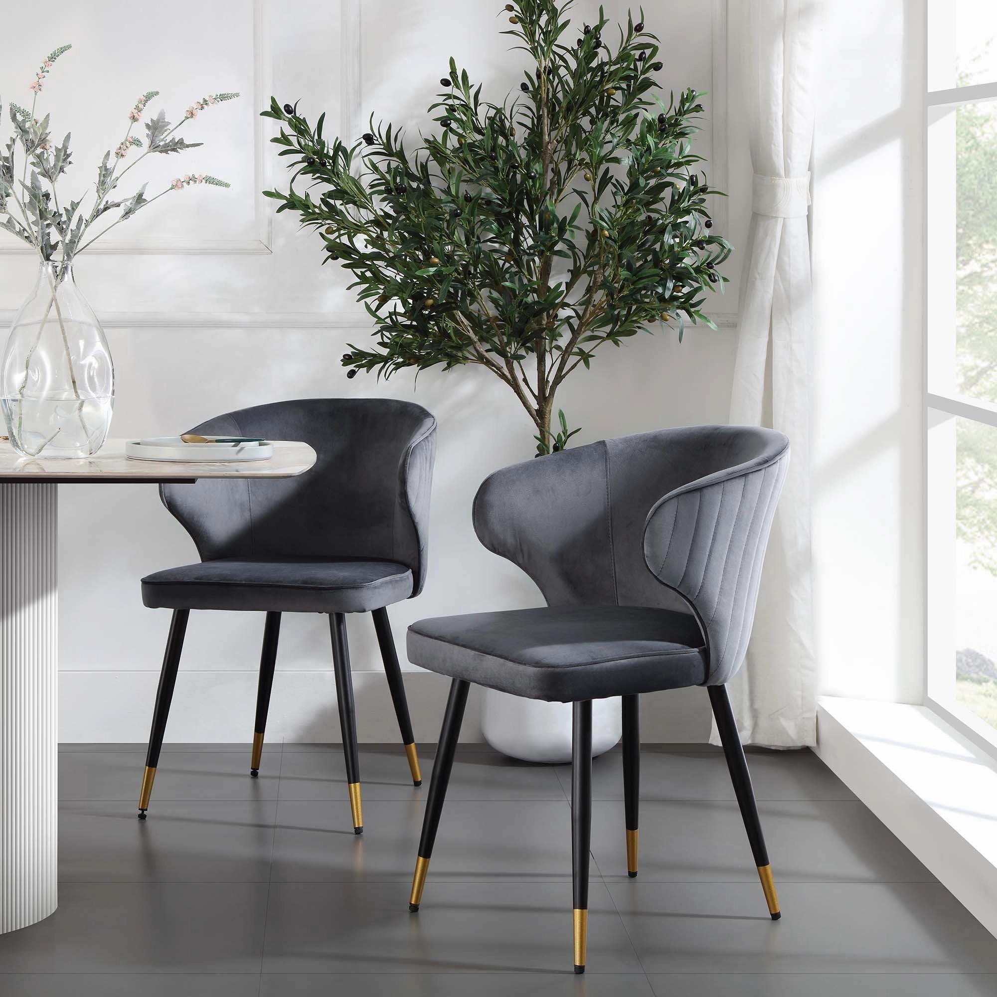 Langham Set of 2 Grey Velvet Upholstered Carver Dining Chairs