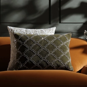 Luxe Collection Greta Beaded Moss Green Cotton Velvet Cushion
