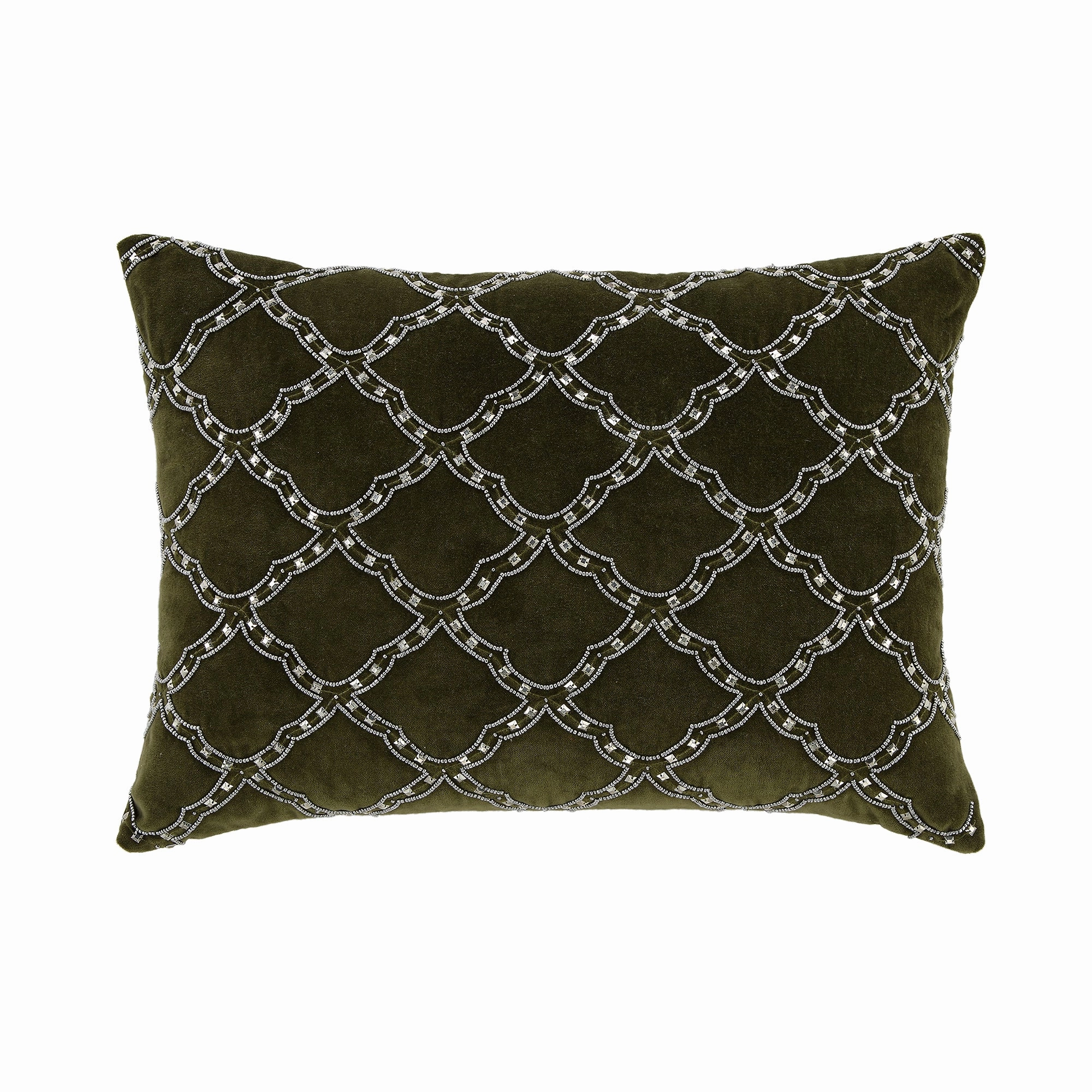 Luxe Collection Greta Beaded Moss Green Cotton Velvet Cushion