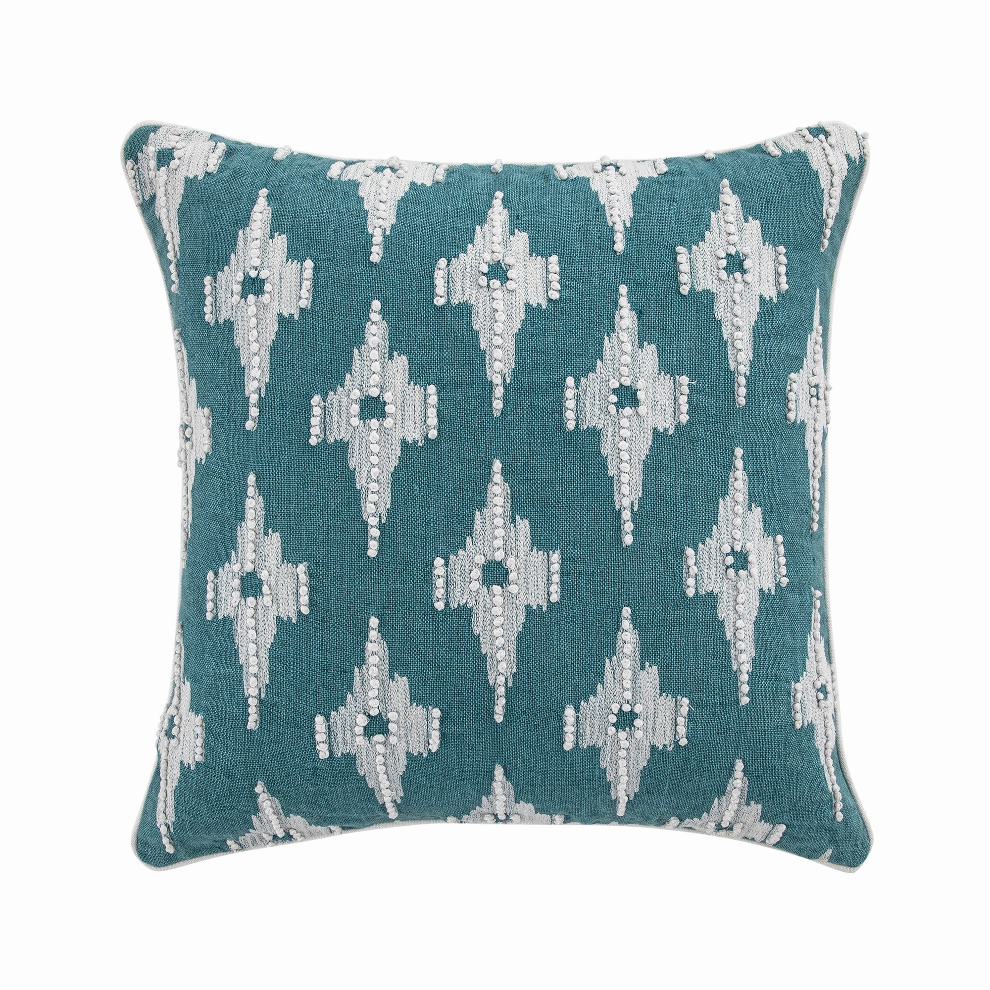Mahika Ikat Blue French Knot Linen Cushion