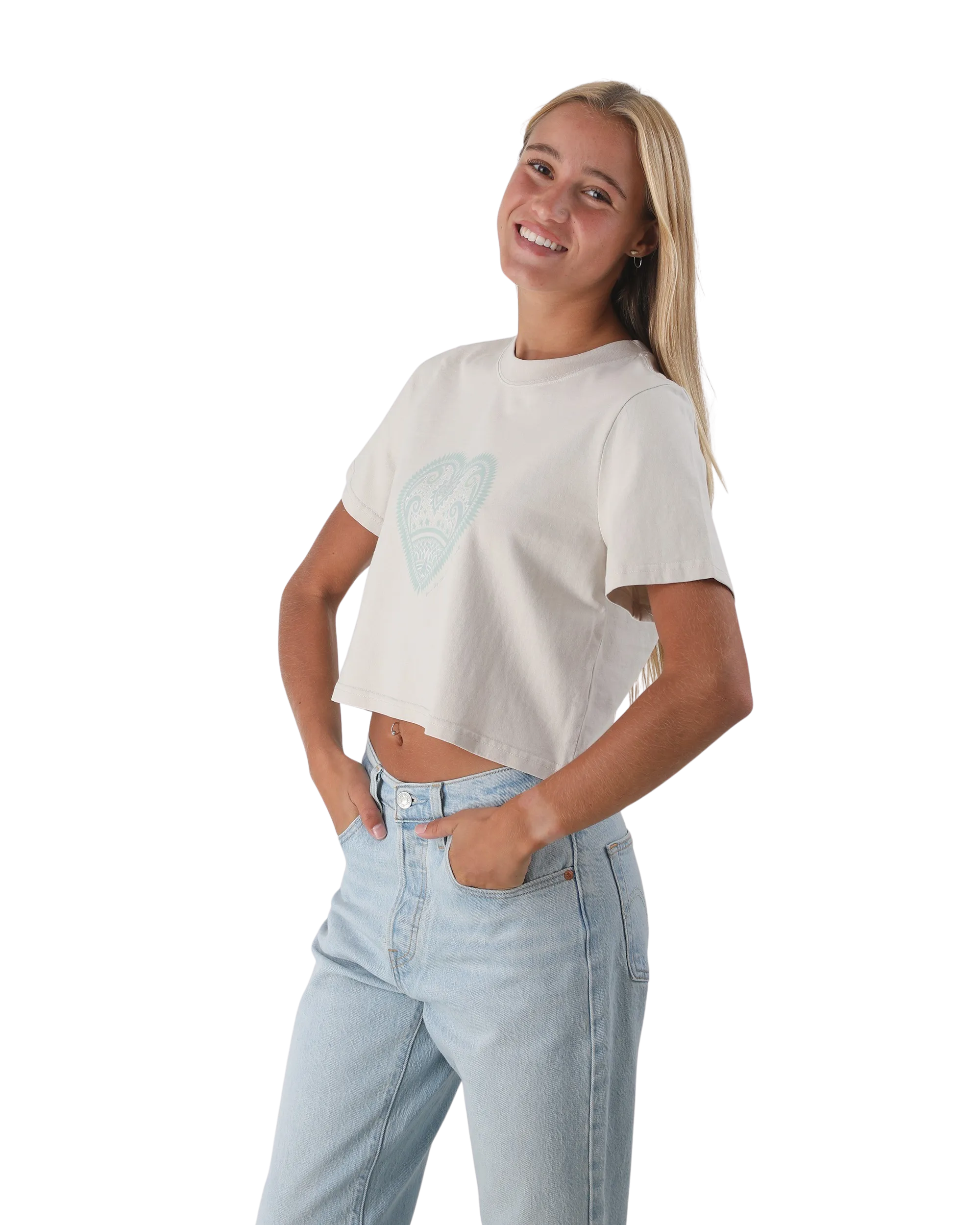Mandala Heart Crop T-Shirt in Faded Bone