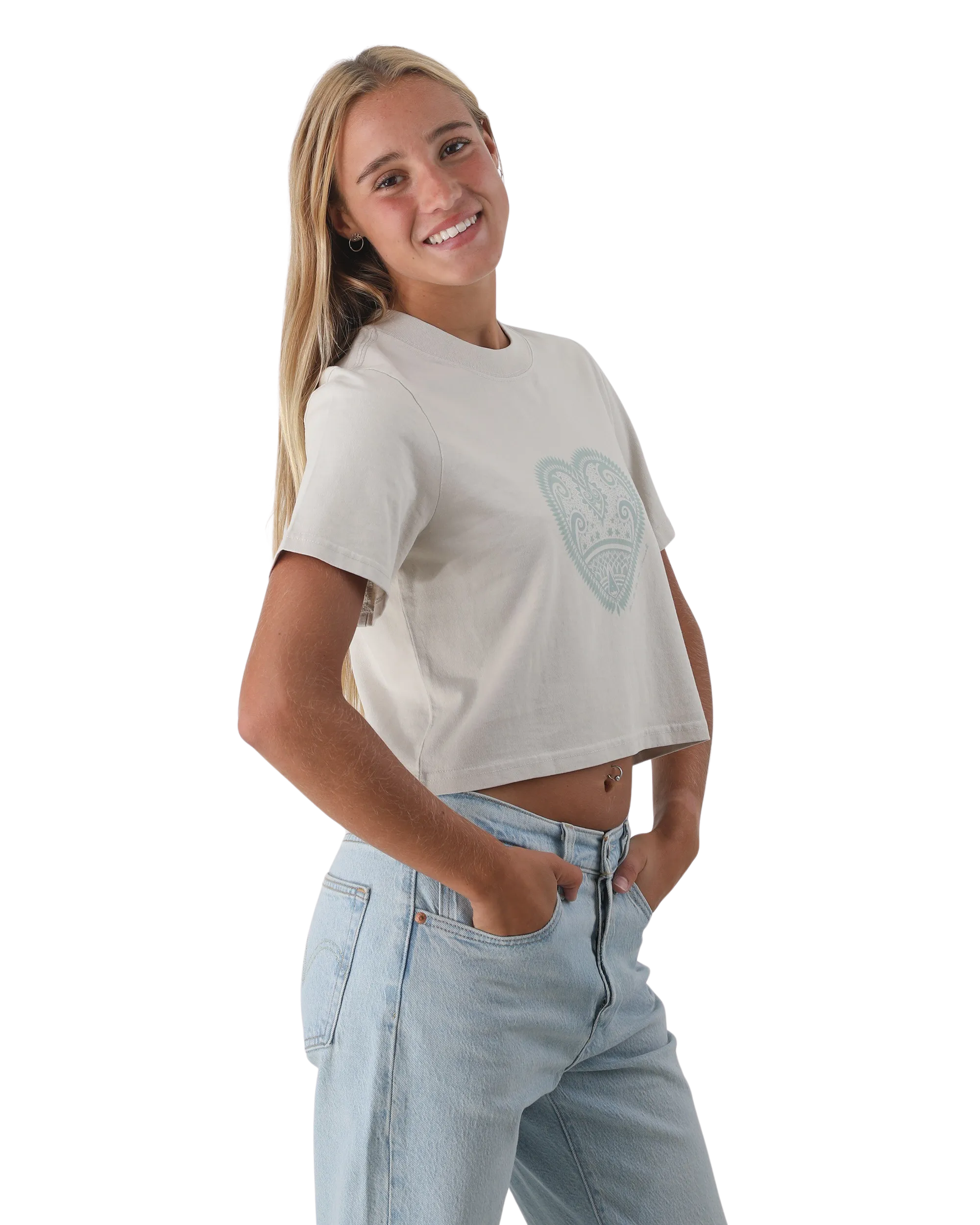 Mandala Heart Crop T-Shirt in Faded Bone