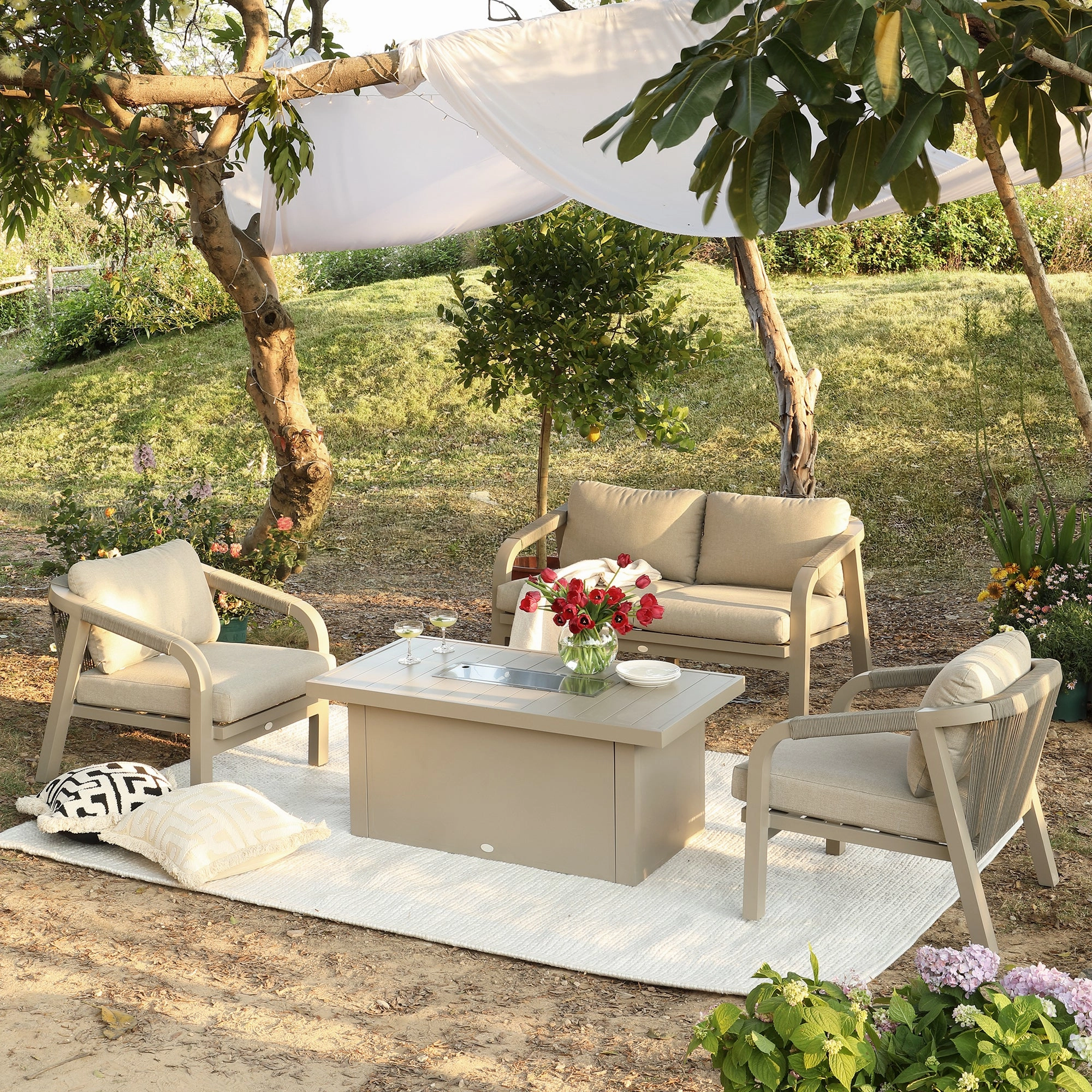 Manresa Rope 5-Seater Firepit Sofa Set, Taupe and Beige