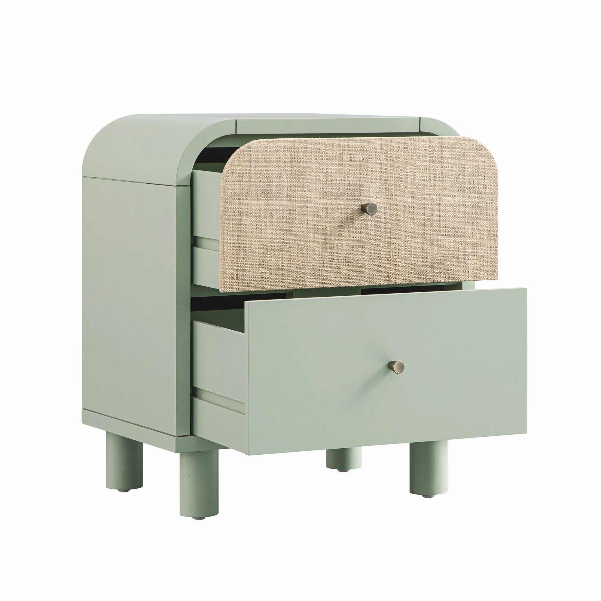 Maude 2 Drawer Bedside Table, Muted Pistachio Ash with Raffia