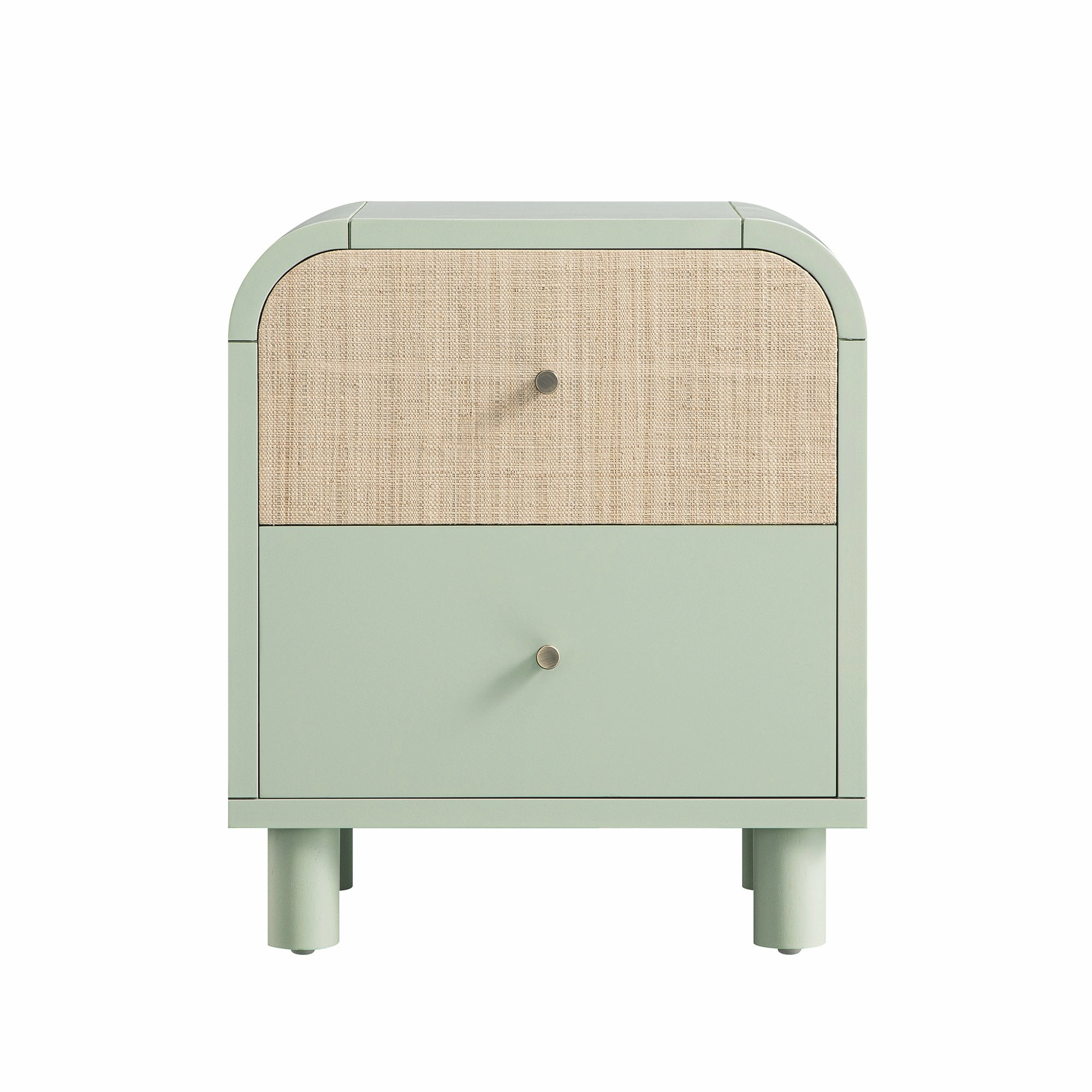 Maude 2 Drawer Bedside Table, Muted Pistachio Ash with Raffia