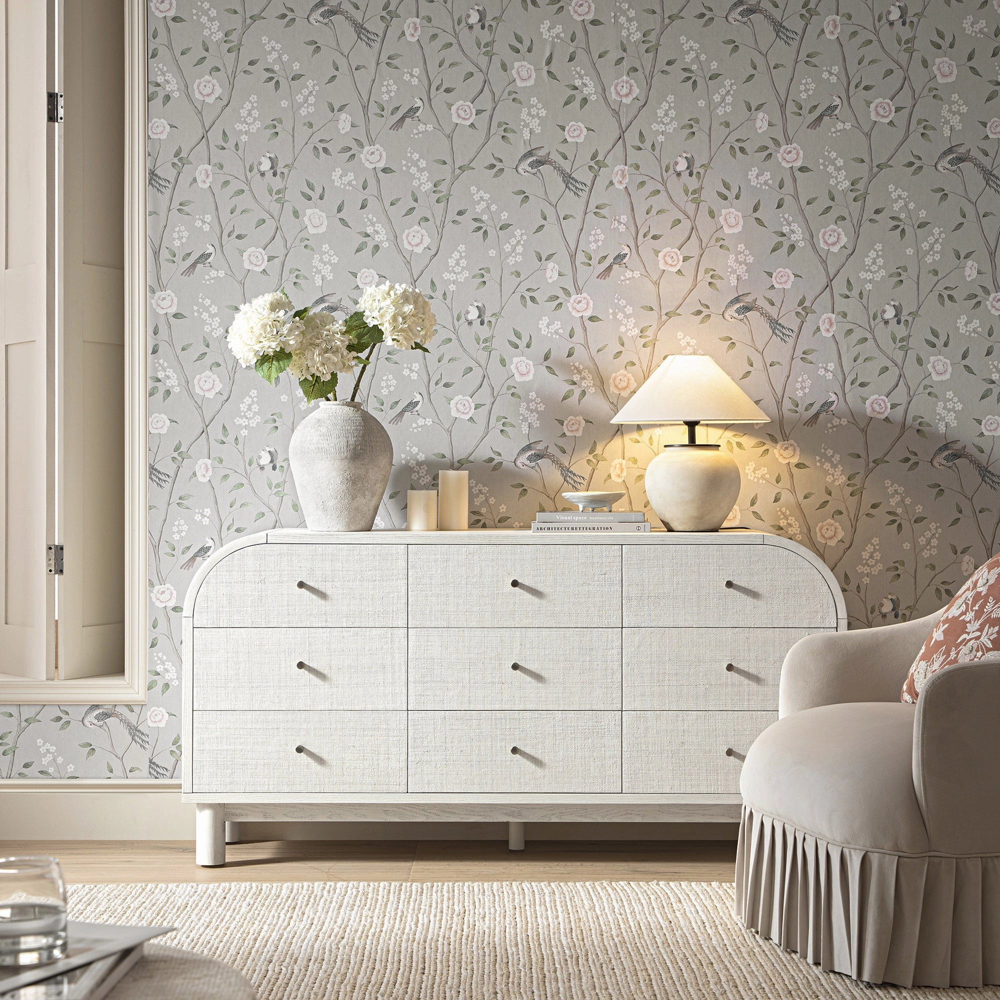 Maude 9 Drawer Chest, Washed White Ash with Raffia
