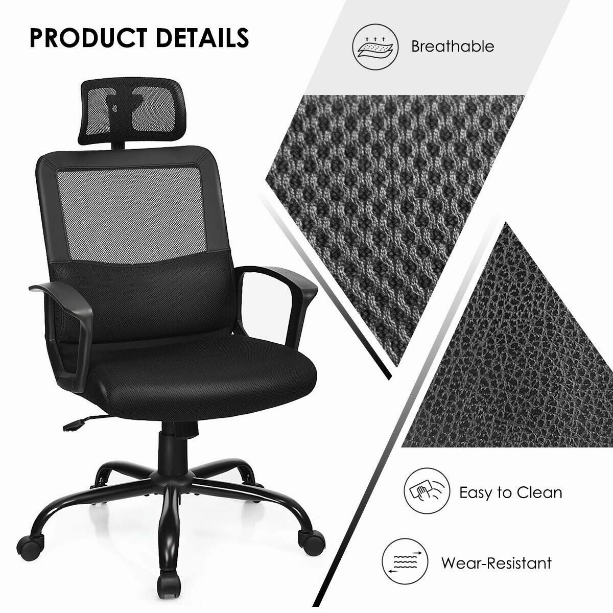 Mesh Office Chair, Swivel Computer Task Chair, Adjustable Armrests (Black)