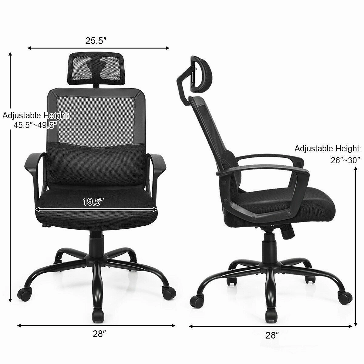 Mesh Office Chair, Swivel Computer Task Chair, Adjustable Armrests (Black)