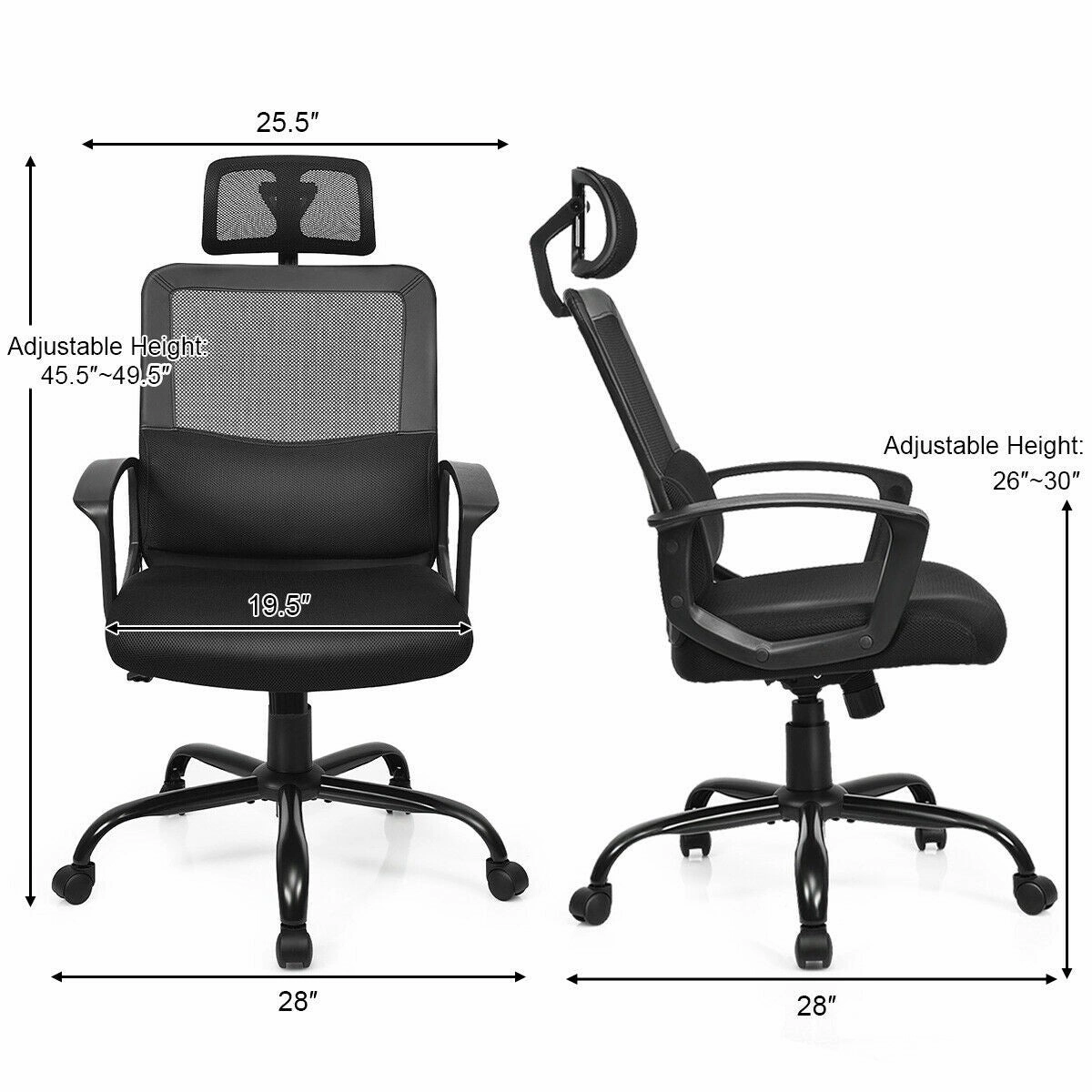 Mesh Office Chair, Swivel Computer Task Chair, Adjustable Armrests (Black)