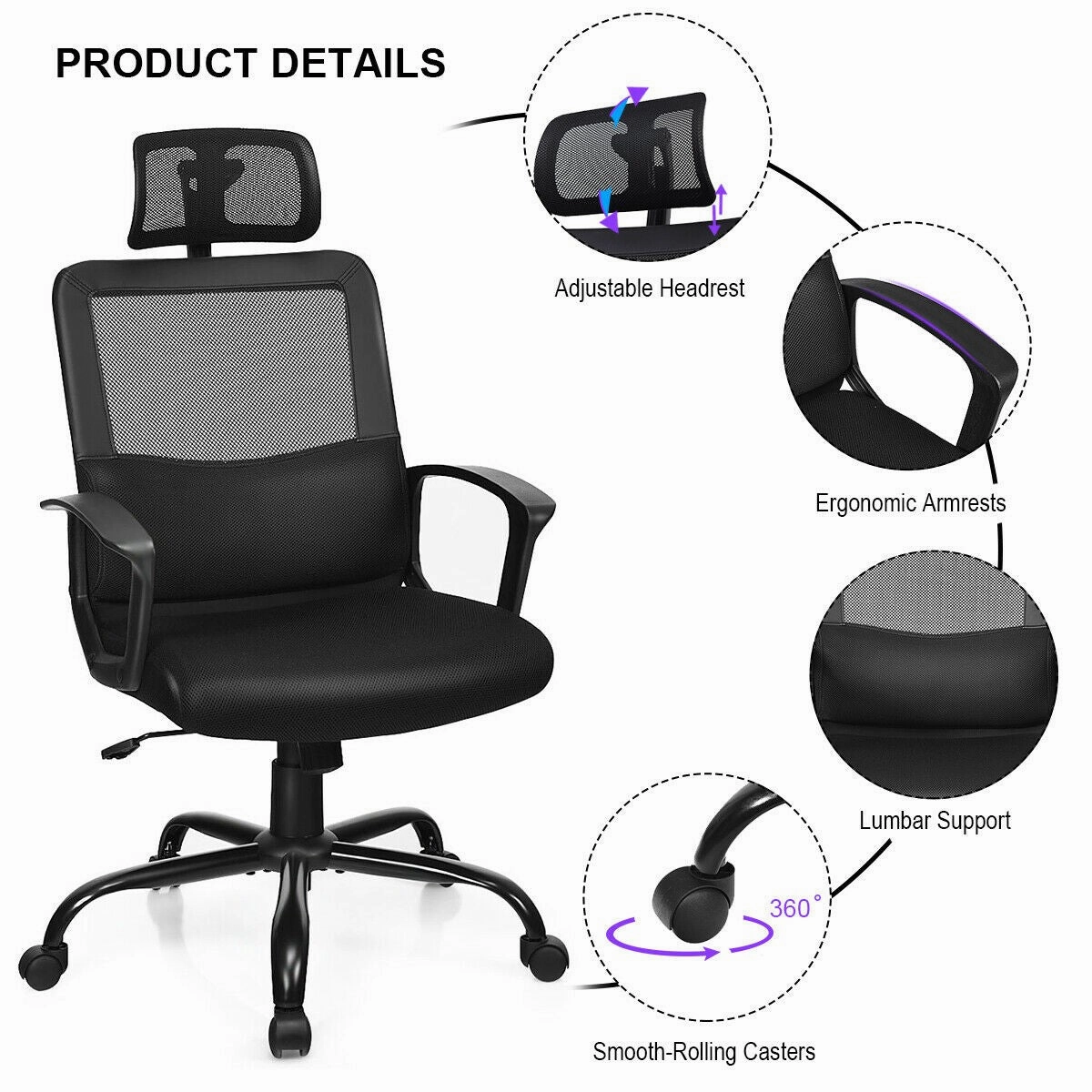 Mesh Office Chair, Swivel Computer Task Chair, Adjustable Armrests (Black)