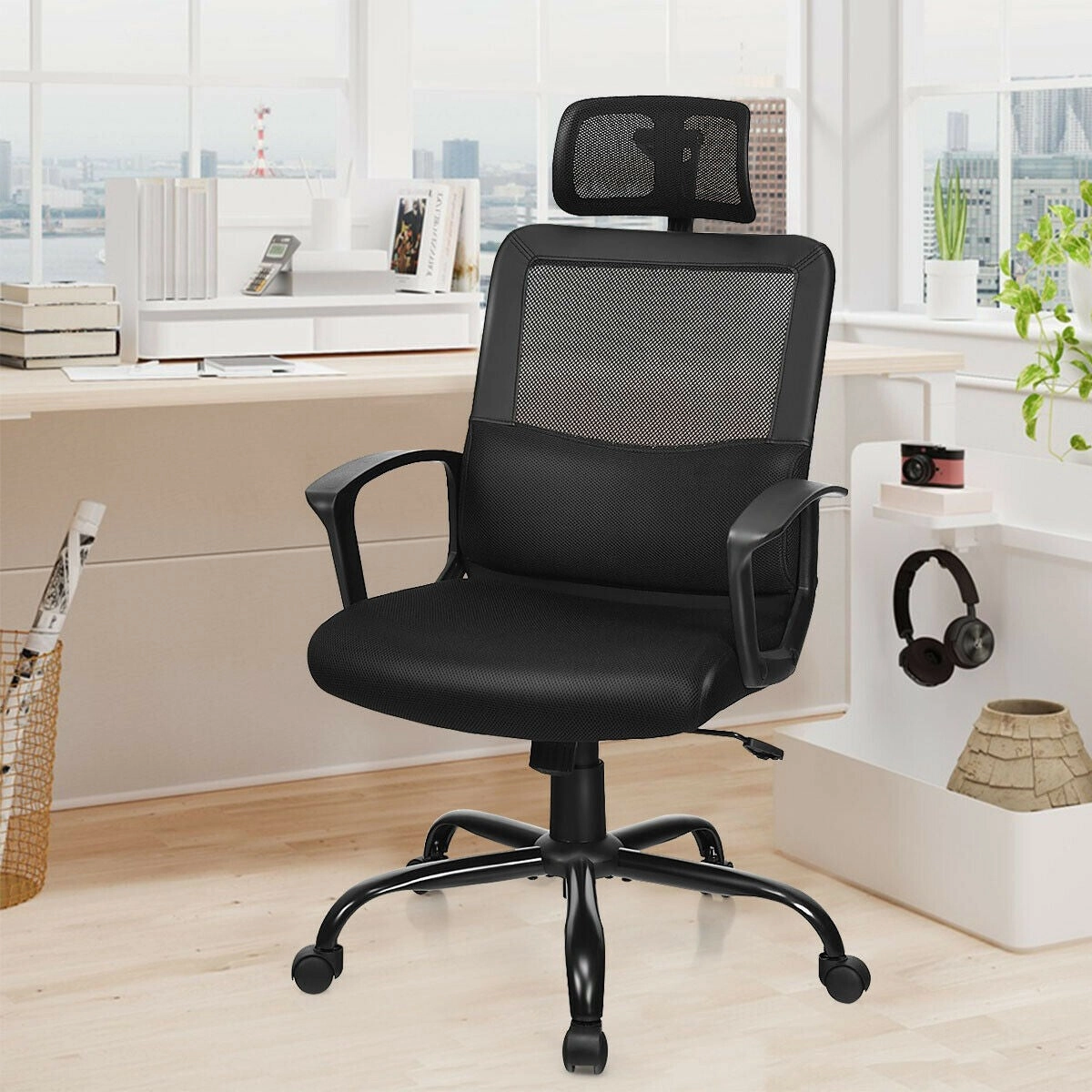 Mesh Office Chair, Swivel Computer Task Chair, Adjustable Armrests (Black)