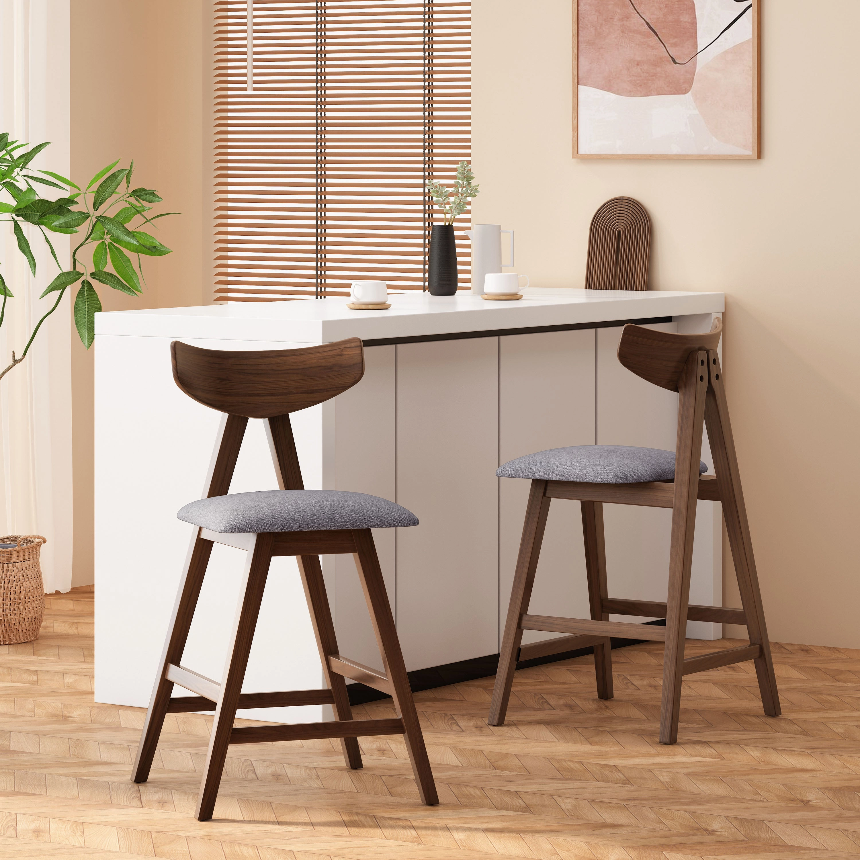 Mid Century Modern Upholstered Wood Counter Stools (Set of 2)