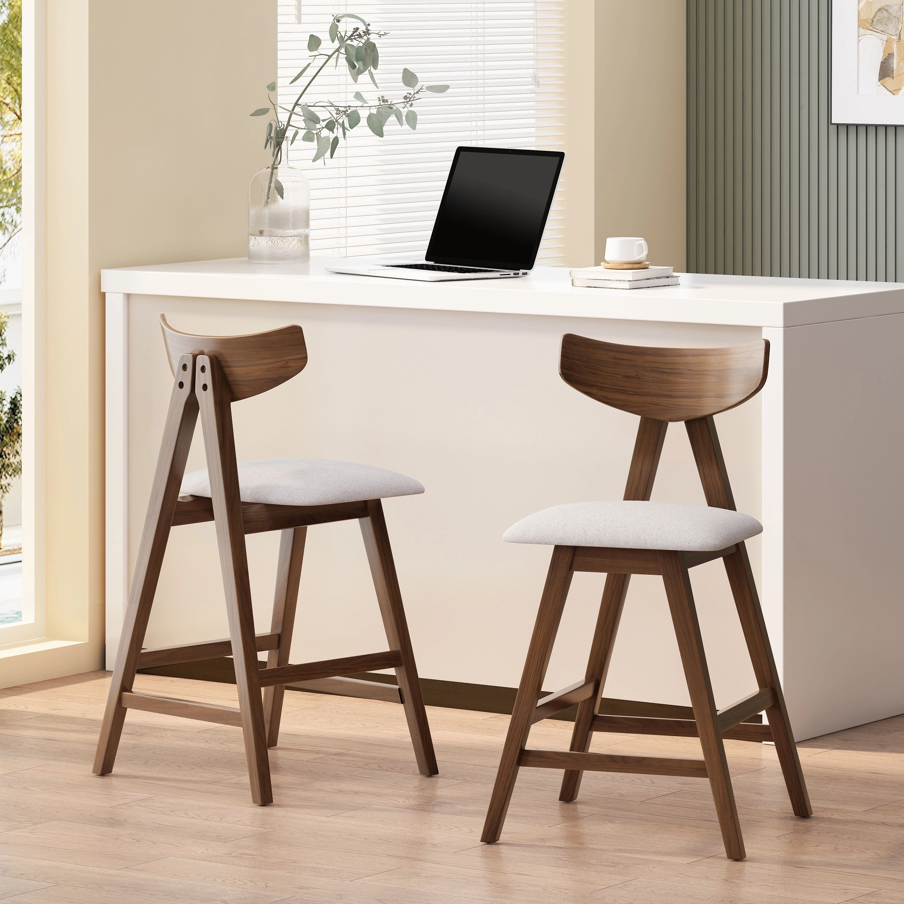 Mid Century Modern Upholstered Wood Counter Stools (Set of 2)