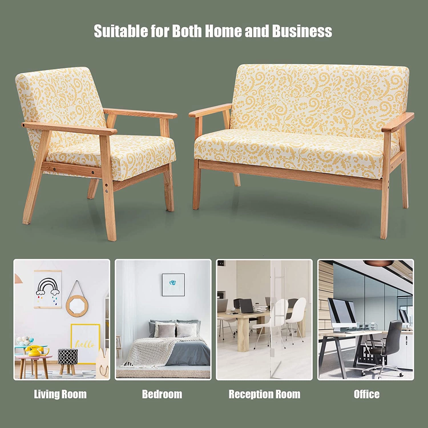Mid-Century Wooden Loveseat Accent Chair Set