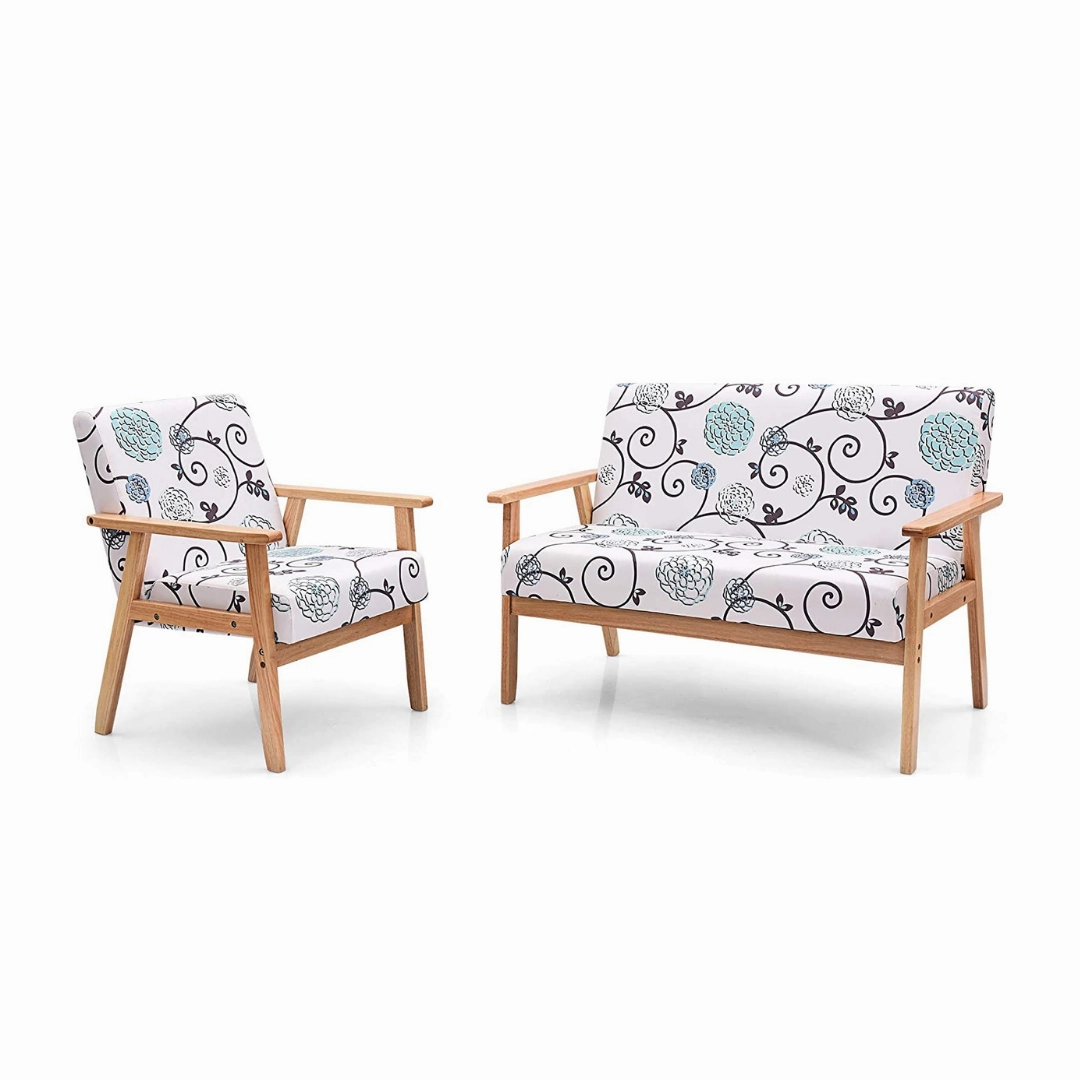 Mid-Century Wooden Loveseat Accent Chair Set