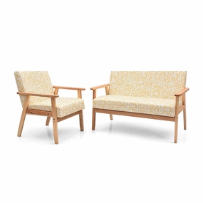 Mid-Century Wooden Loveseat Accent Chair Set storage ottoman, pouf