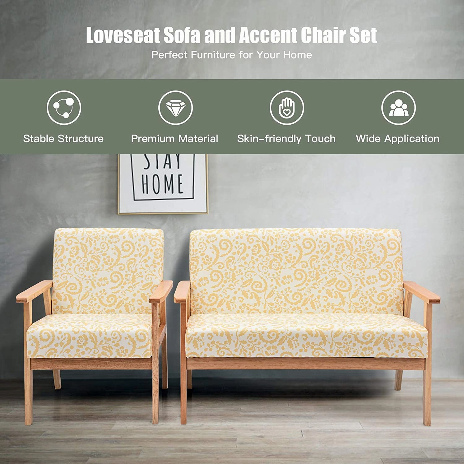 Mid-Century Wooden Loveseat Accent Chair Set