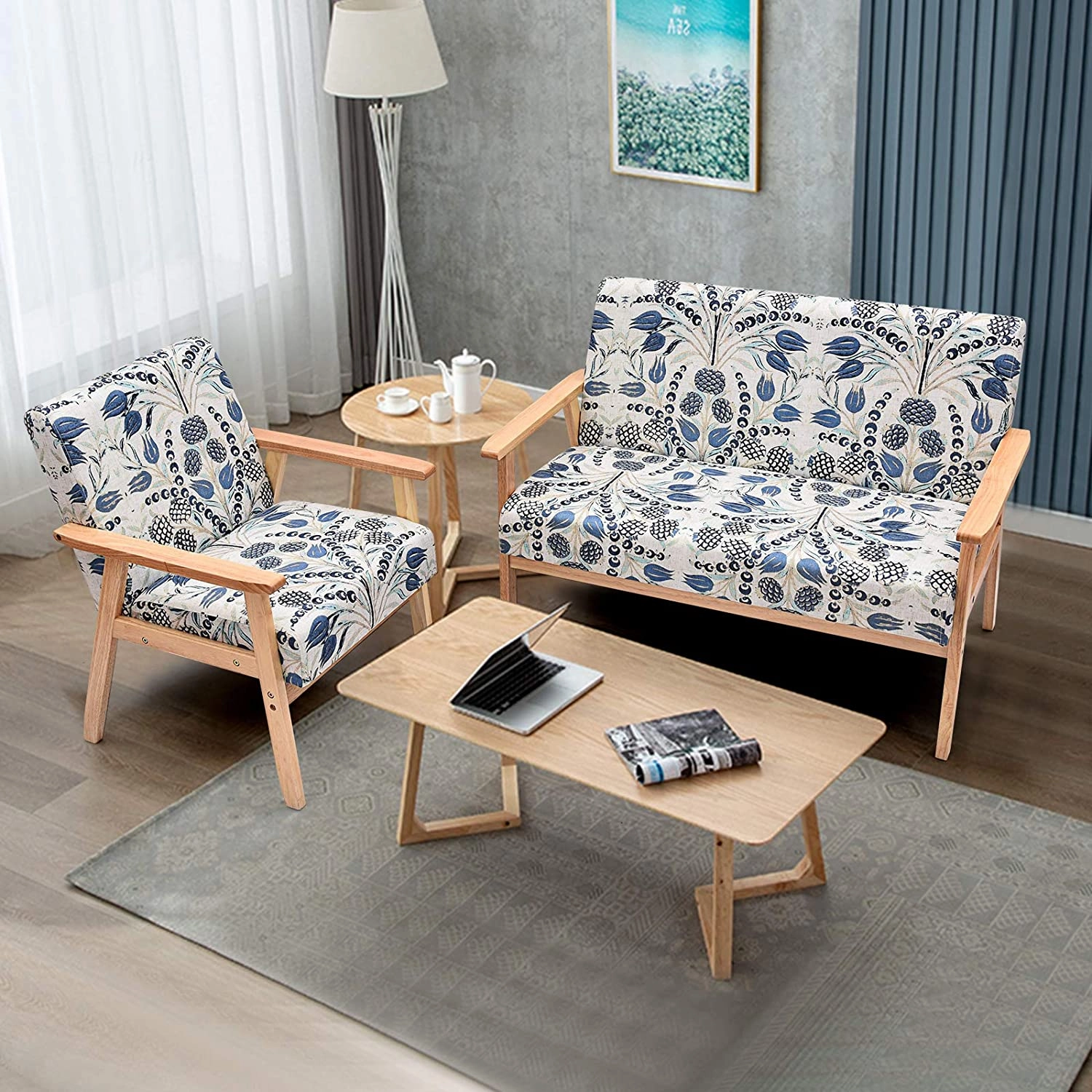 Mid-Century Wooden Loveseat Accent Chair Set