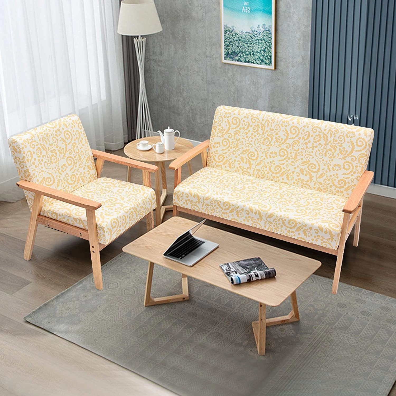 Mid-Century Wooden Loveseat Accent Chair Set