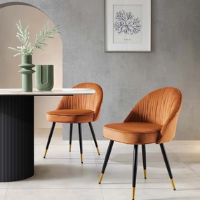Miyae Set of 2 Pleated Burnt Orange Velvet Upholstered Dining Chairs