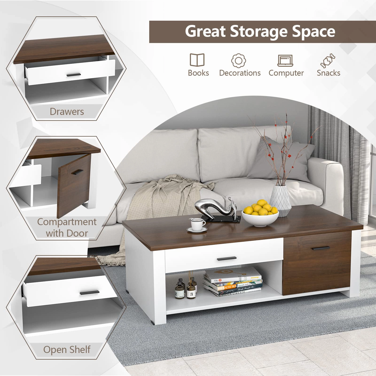 Modern Couch Table with Front & Back Drawers & Compartments, 47.2"x23.6"x16.1"