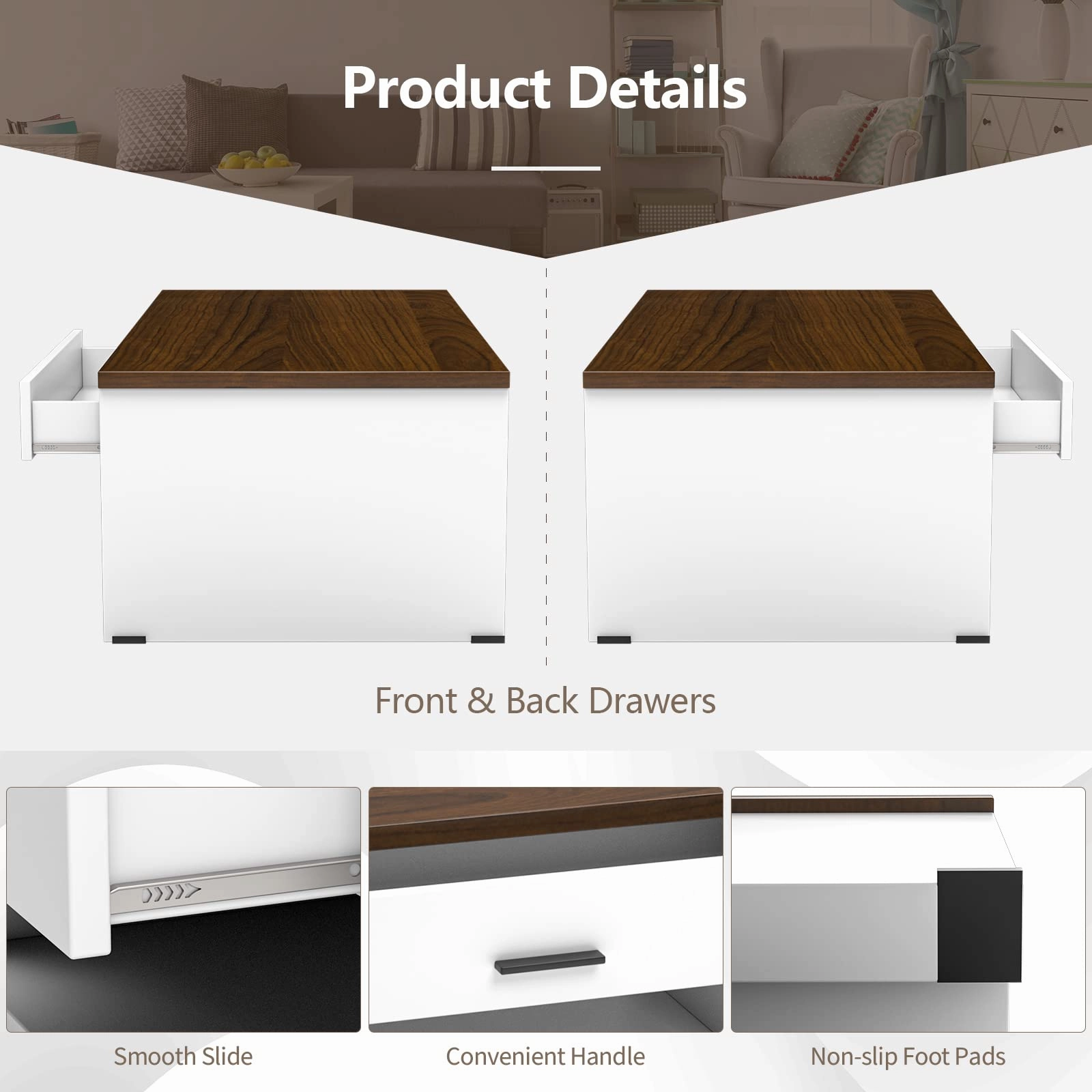 Modern Couch Table with Front & Back Drawers & Compartments, 47.2"x23.6"x16.1"