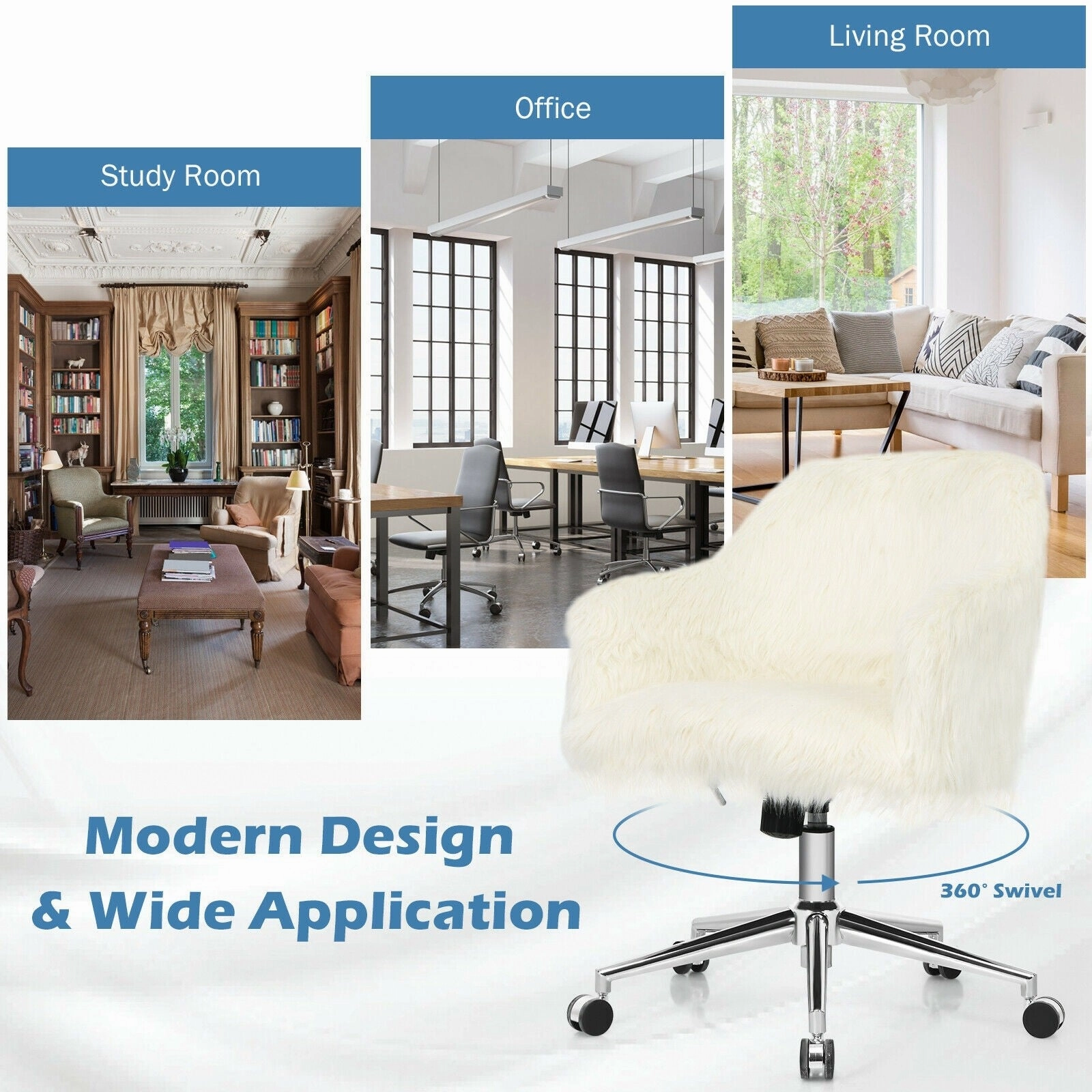 Modern Office Desk Chair, Fluffy Faux Fur Vanity Chair